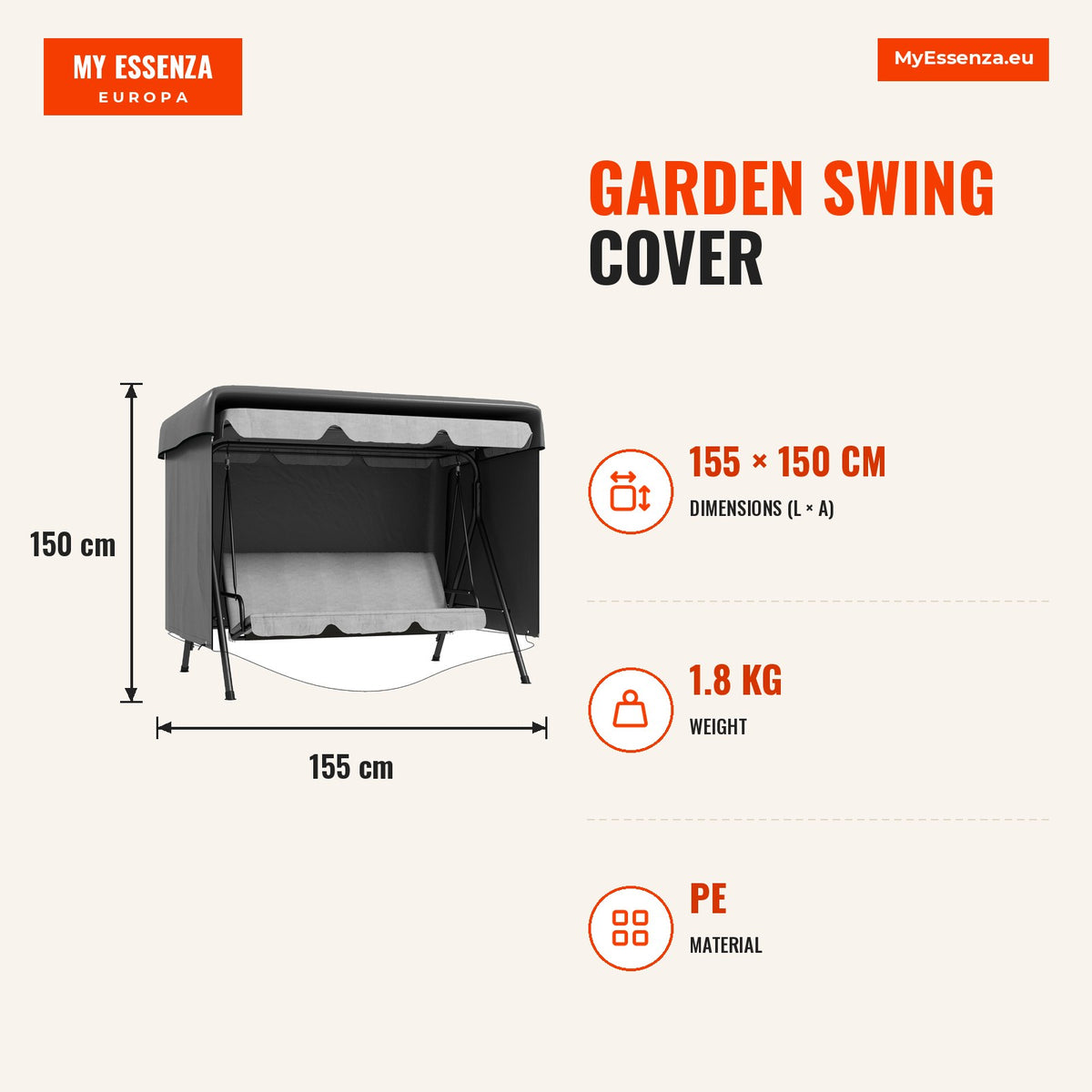 Capa para Baloiço de Jardim, Capa para Baloiço de Exterior, Cobertura com Fecho, Impermeável, 215x155x150 cm, Cinzento Escuro — Infografia | Infographic — dimensions