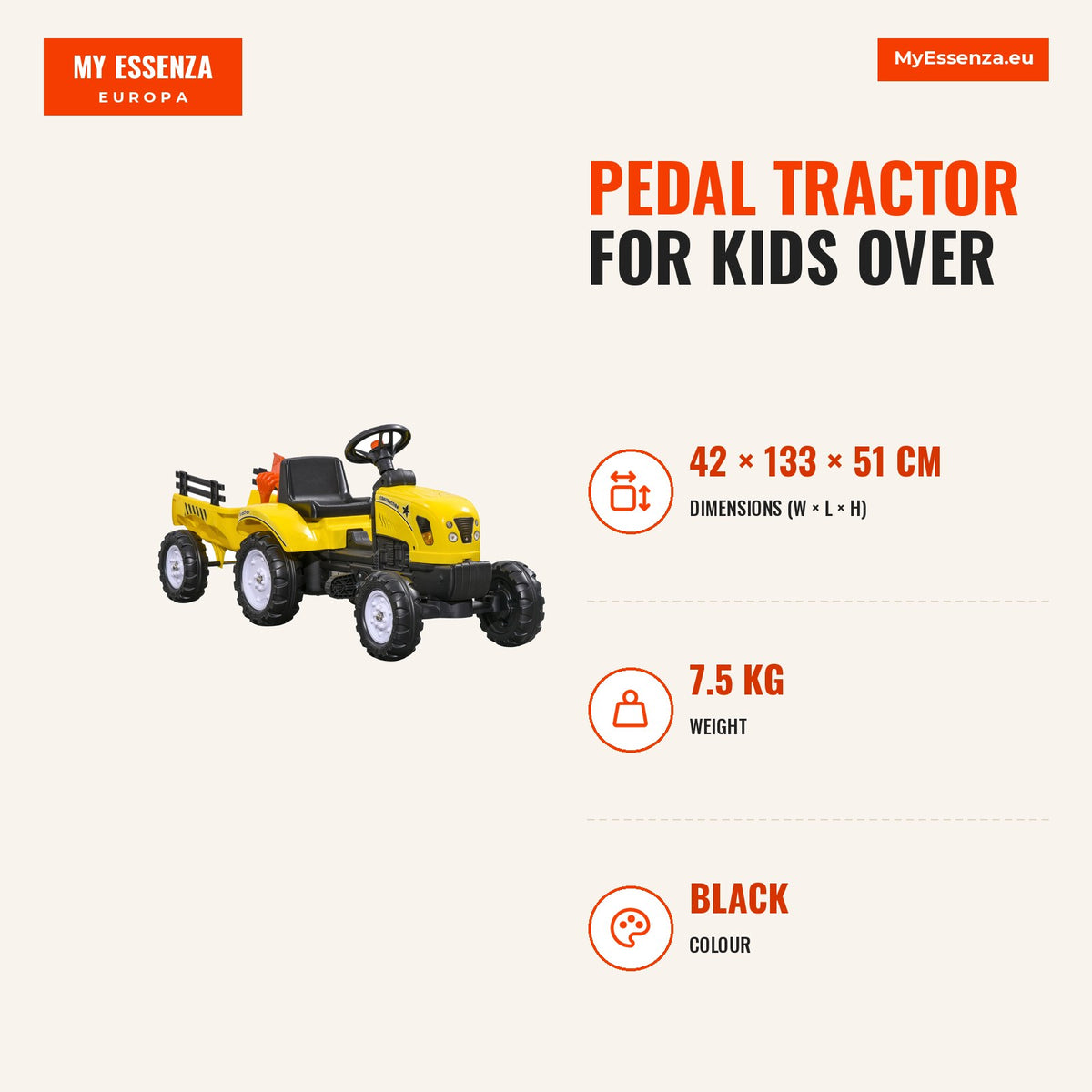 Trator a Pedais para Crianças acima de 3 Anos Trator com Reboque de Pedais para Crianças com Acessórios Carga Máxima 35 kg 133x42x51 cm Amarelo e Pret — Infografia | Infographic — dimensions