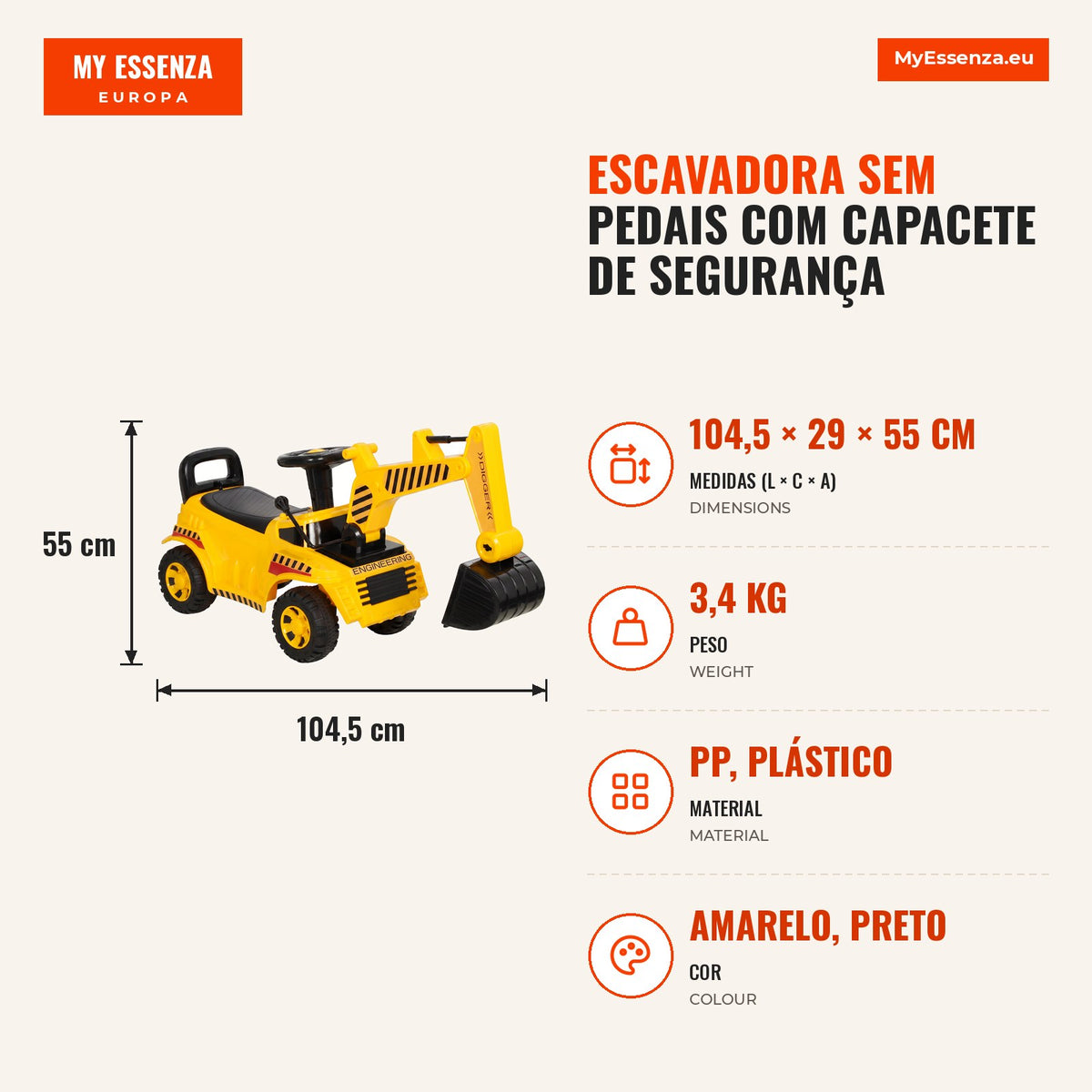 Escavadora Sem Pedais com Capacete de Segurança, Buzina e Braço Escavador, 1-4 Anos, Amarela — infografia 1