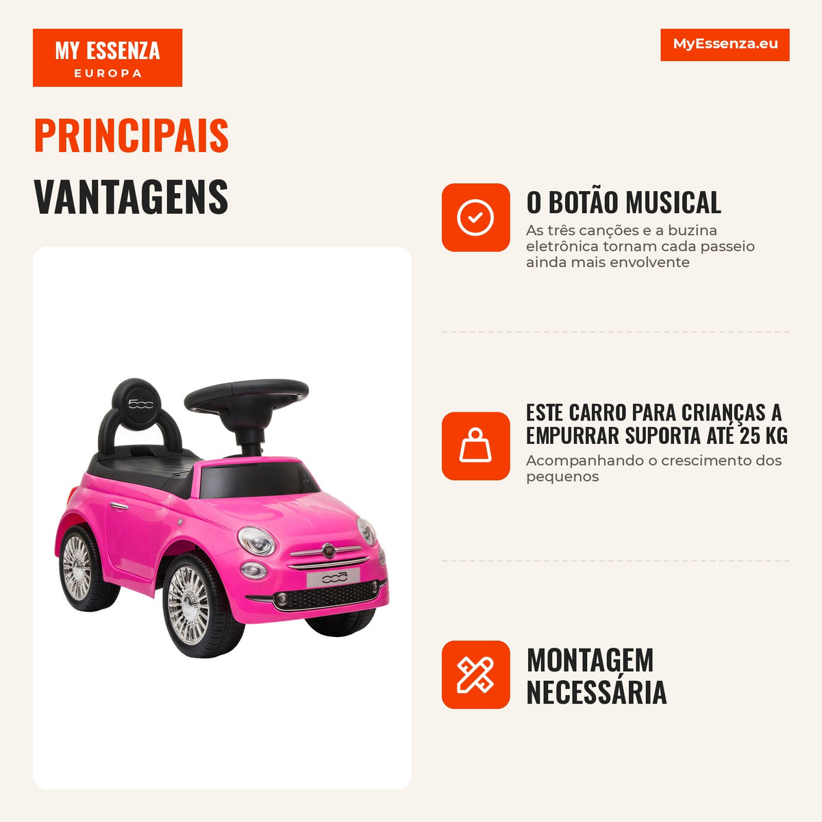 Carro Cavalcável para Crianças 12-36 Meses Licença com Música Buzina e Compartimento Sob Assento em PP Rosa — infografia 1
