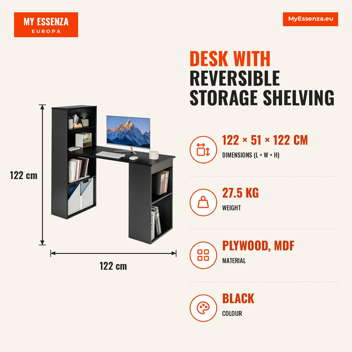 Secretária com Estanteria de Arrumação Reversível 122x51x122 cm — Infografia | Infographic — dimensions