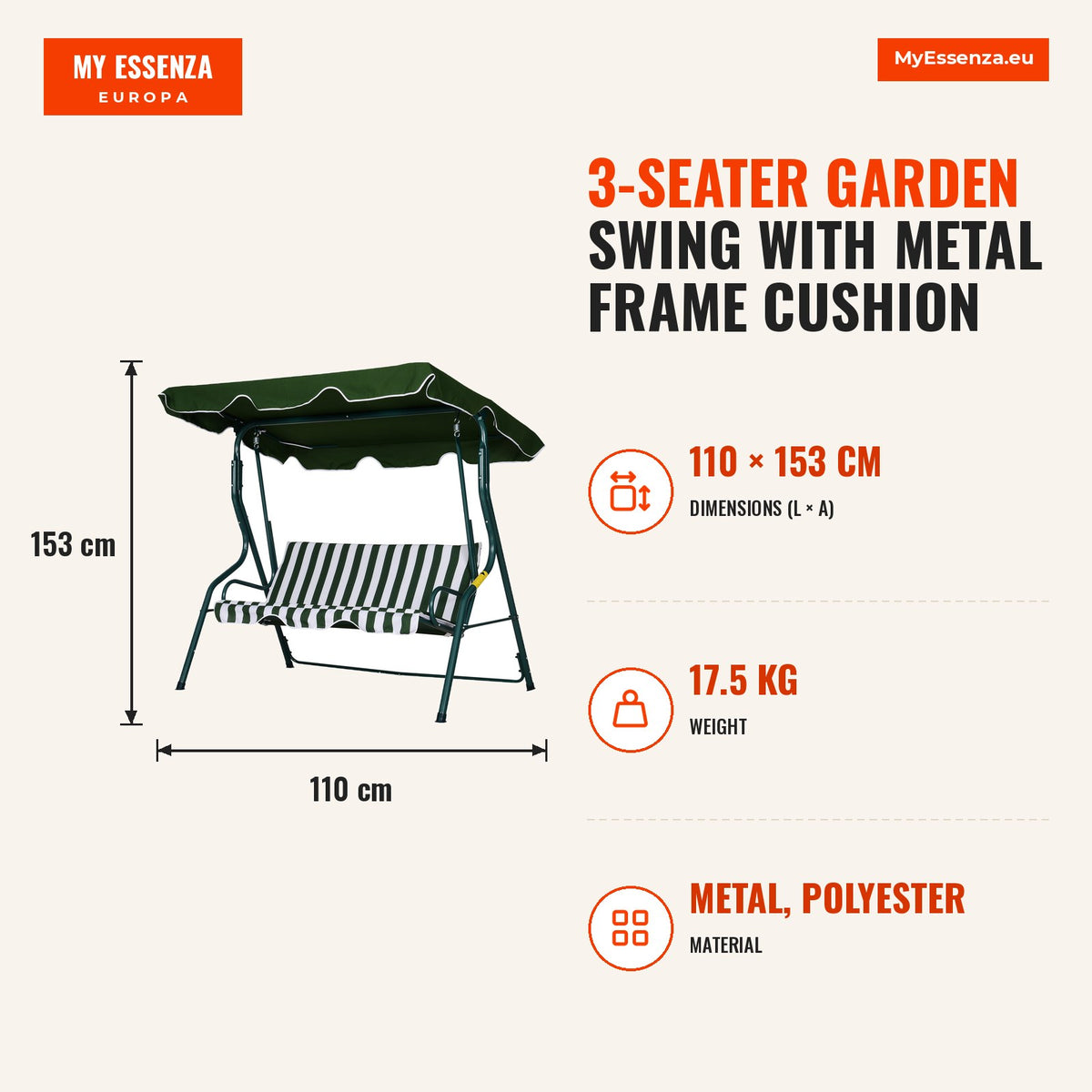 Baloiço de Jardim de 3 Lugares com Estrutura de Metal Almofada Toldo Ajustável Balcão Terraço Patio Carga Máx. 200kg 170x110x153cm Verde e Branco — Infografia | Infographic — dimensions