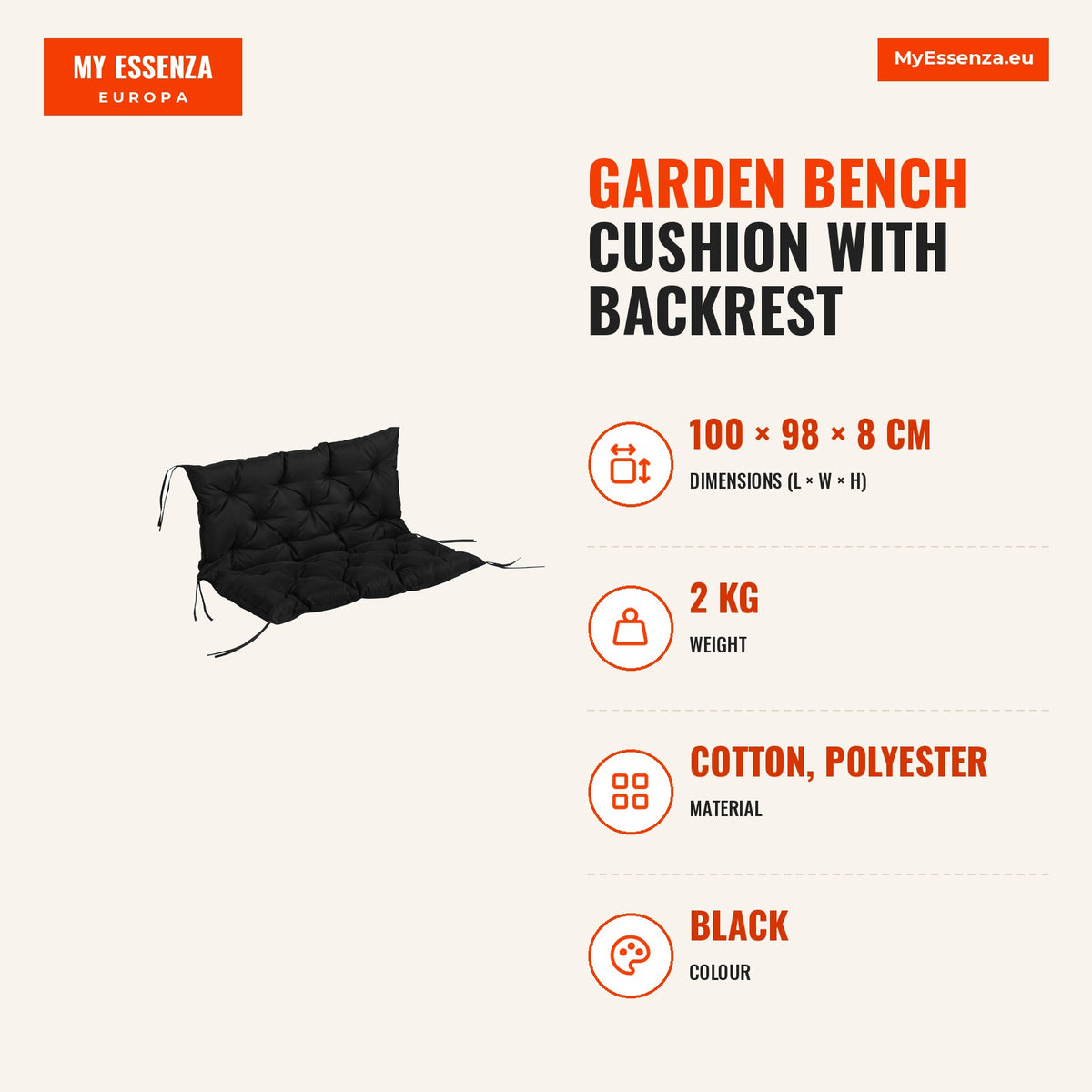Almofada para Banco de Jardim com Encosto, 100x98x8 cm, Colchão de Banco de 2 Lugares para Interior e Exterior com Enchimento Espesso e Fitas de Fixaç — Infografia | Infographic — dimensions