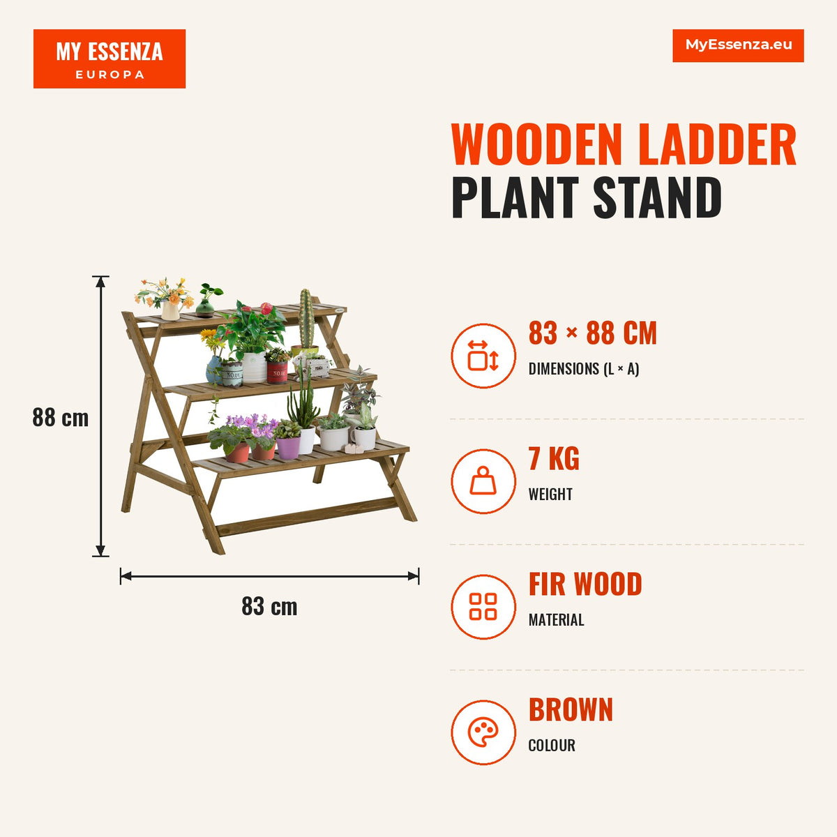 Suporte de Madeira para Plantas em Forma de Escada com 3 Prateleiras Dobrável Suporte de Vasos de Plantas para Decoração de Interiores e Exteriores 10 — Infografia | Infographic — dimensions