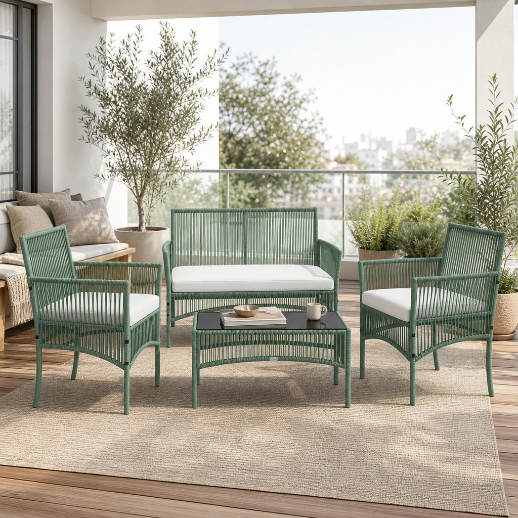 Conjunto de Jardim Exterior em Vime Móveis de Jardim para 4 Peças Móveis para Terraço com 1 Sofá de 2 Lugares 2 Poltronas Almofadas e 1 Mesa com Tampo de Vidro para Pátio Verde e — Ambiente | Lifestyle