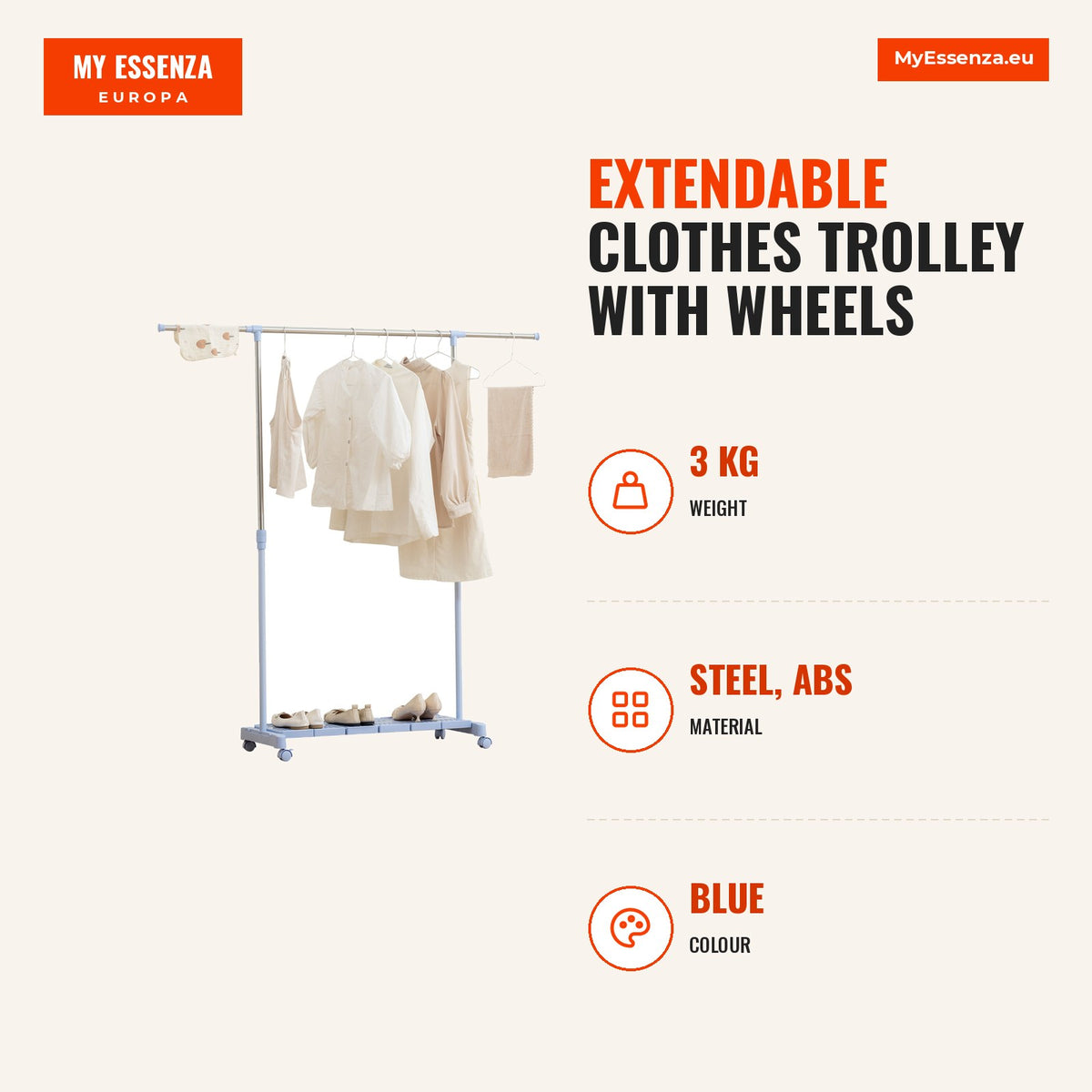 Charriot Extensível com Rodas Charriot de Roupa com Barra de Aço Inoxidável e Prateleira para Sapatos Altura Ajustável para Interior 94-159x42x93-168  — Infografia | Infographic — dimensions