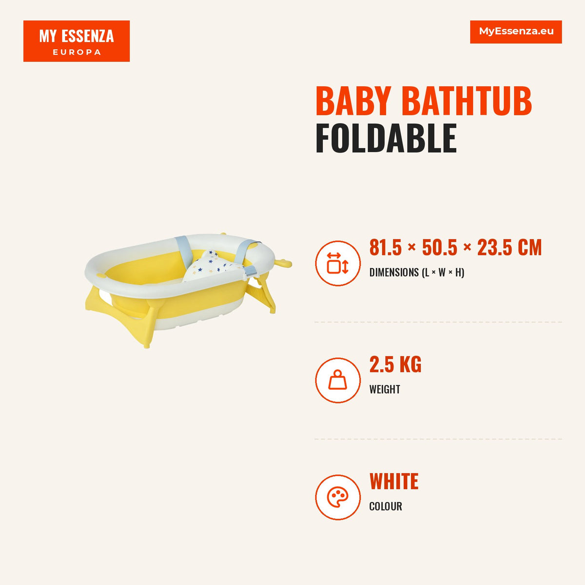 Banheira para Bebé Recém Nascido até 3 Anos Dobrável 30 Litros com Tampa Termossensível e Almofada Confortável Almofadas Antiderrapantes 81,5x50,5x23, — Infografia | Infographic — dimensions