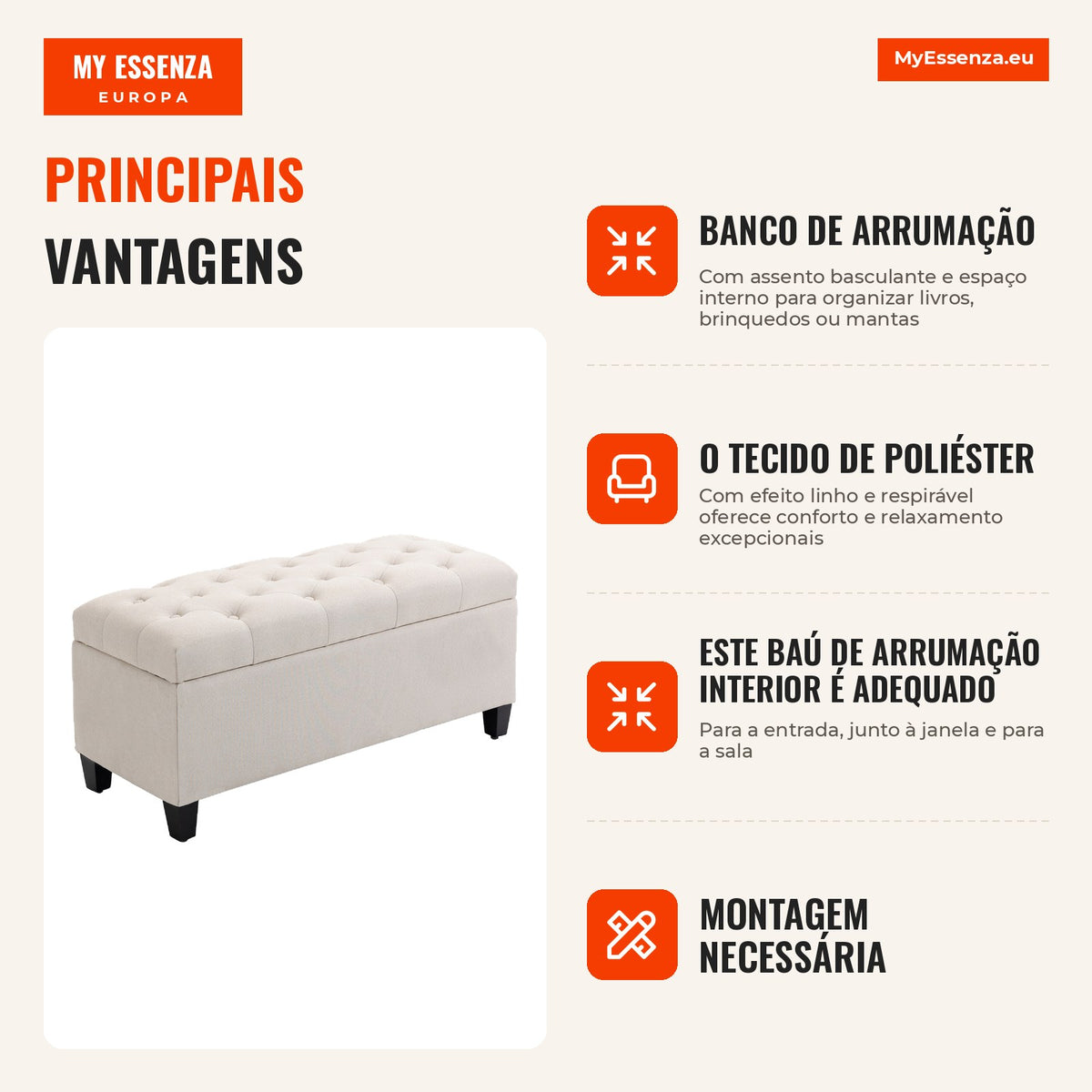 Banco de Arrumação Puff para Sala Ponta Da Cama Baú de Arrumação para Sala Quarto Entrada 100x40x44 cm Creme — infografia 1