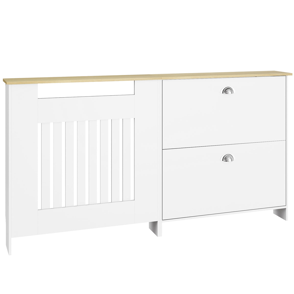 Cobertura Radiadores com Sapateira Cobertura para Radiador de MDF 152x19x81 cm Cobertura para Radiador com 2 Gavetas Rebatíveis Desenho Moderno de Ripas para Sala Quarto Branco — foto 1
