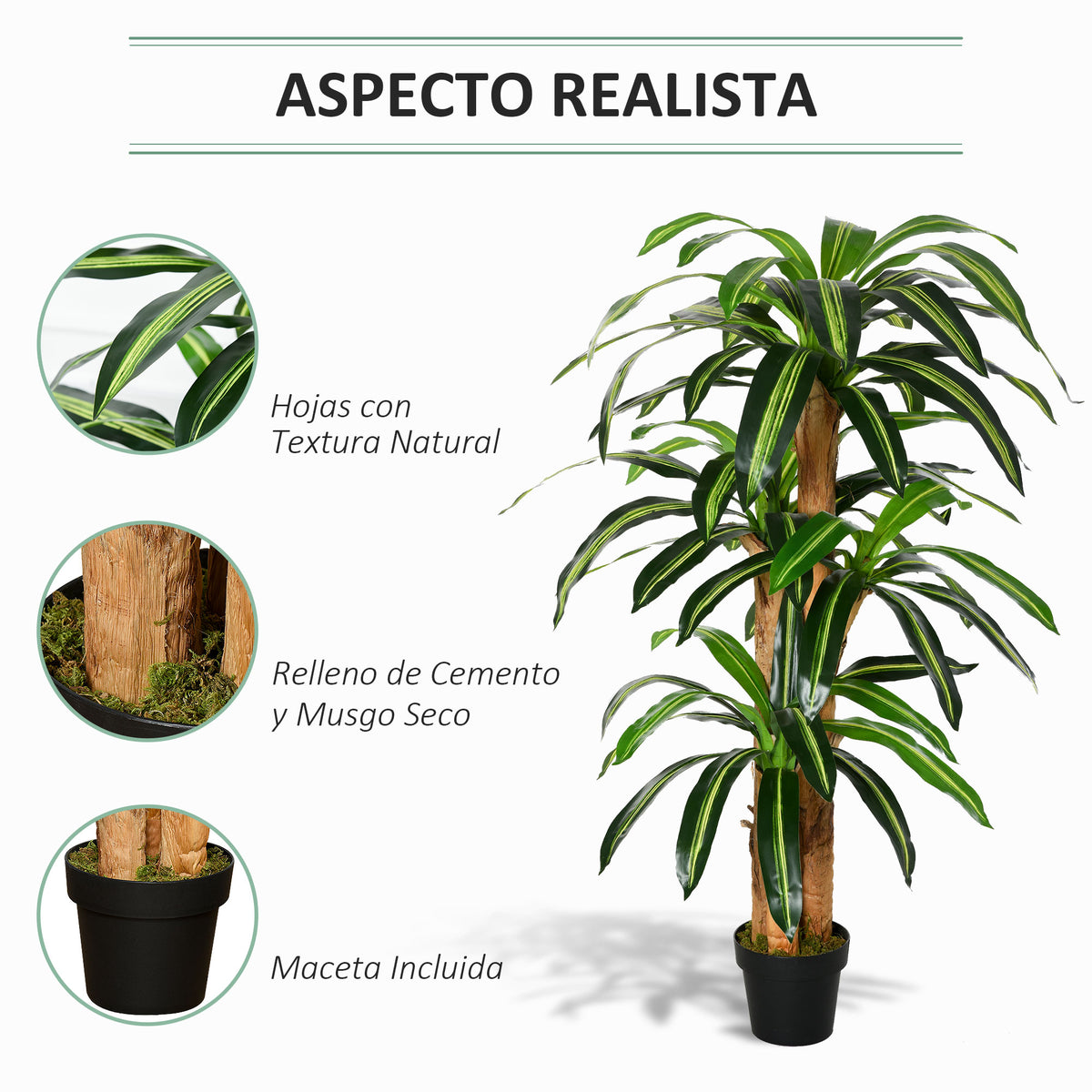 Planta Artificial Decorativa Dracaena com Pote Árvore Sintética 66 Folhas para Jardim Varanda Escritório Sala Ø20x160 cm Verde — foto 4