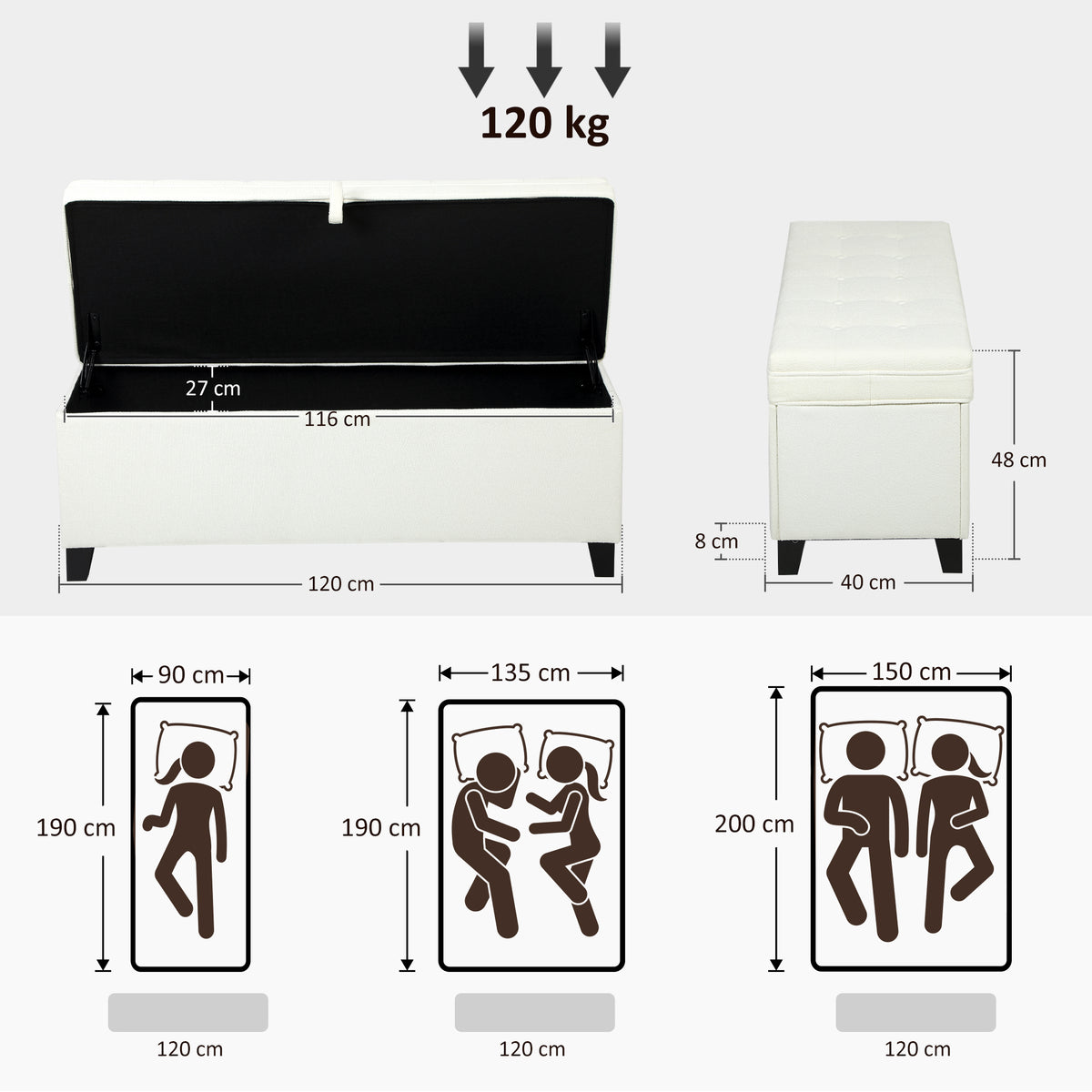 Puff de Armazenamento Banco com 112L Estofado em Linho com 2 Dobradiças de Segurança Tampa Rebatível e Assento com Capitonê para Sala de Estar Quarto Entrada Suporta 120 kg 120x40x48 cm Creme — foto 3