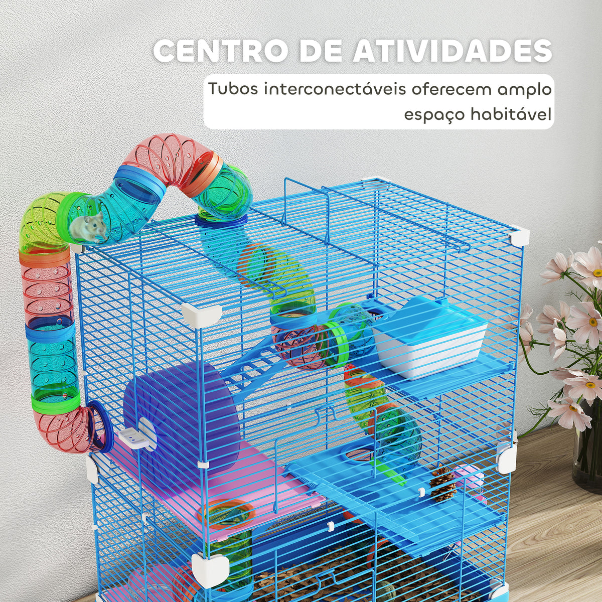 - Jaula para Hamster de 5 Níveis, Casa para Roedores Pequenos com Túnel, Plataformas, Tigela, Bebedouro, Casinha, Rampas e Roda de Exercício, para Gerbos, 46x30x58 cm, Azul — foto 4