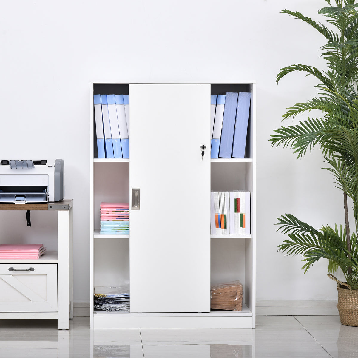 Armário de escritório com 2 portas deslizantes e 3 prateleiras para escritorio 80x40x120 cm Branco — foto 2