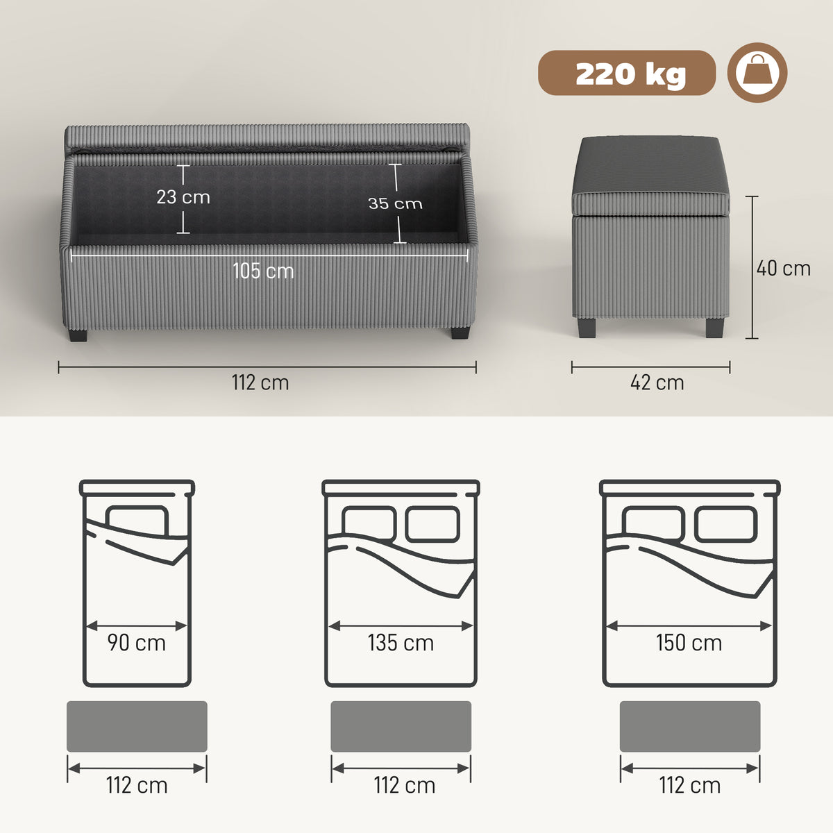 Banco de Arrumação Banco com Armazenamento Capacidade de 84 L 112x42x40 cm Estofado em Veludo Banco Pé de Cama para Dormitório Cinzento — foto 3