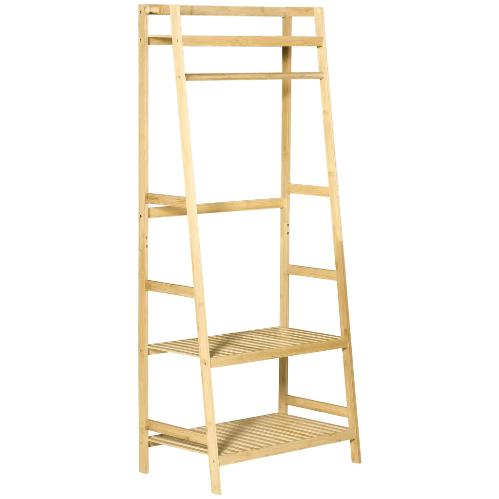 Suporte para Cabides de Bambu Cabideiro com Prateleira de 3 Níveis com Barra e Cabide Lateral para Roupas Bolsas 70x42x164cm Madeira — foto 1