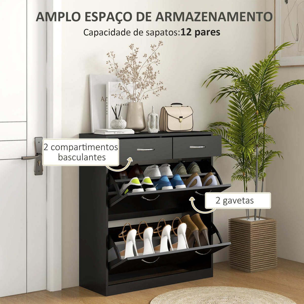 Sapateira Móvel para Sapatos Estreito com 2 Compartimentos e 2 Gavetas para 12 Pares de Sapatos para Sala de Estar Entrada Corredor 80x30x91,5 cm Preto — foto 4