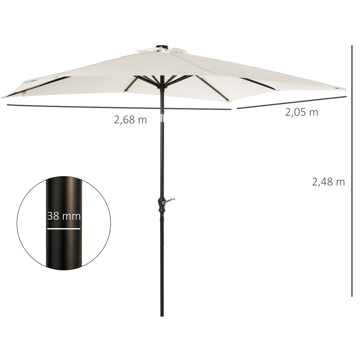 Chapéu de Sol com Luzes LED 268x205x248 cm Chapéu de Sol de Jardim Inclinável até 45° Anti-UV e Abertura a Manivela para Pátio Varanda Creme — foto 3