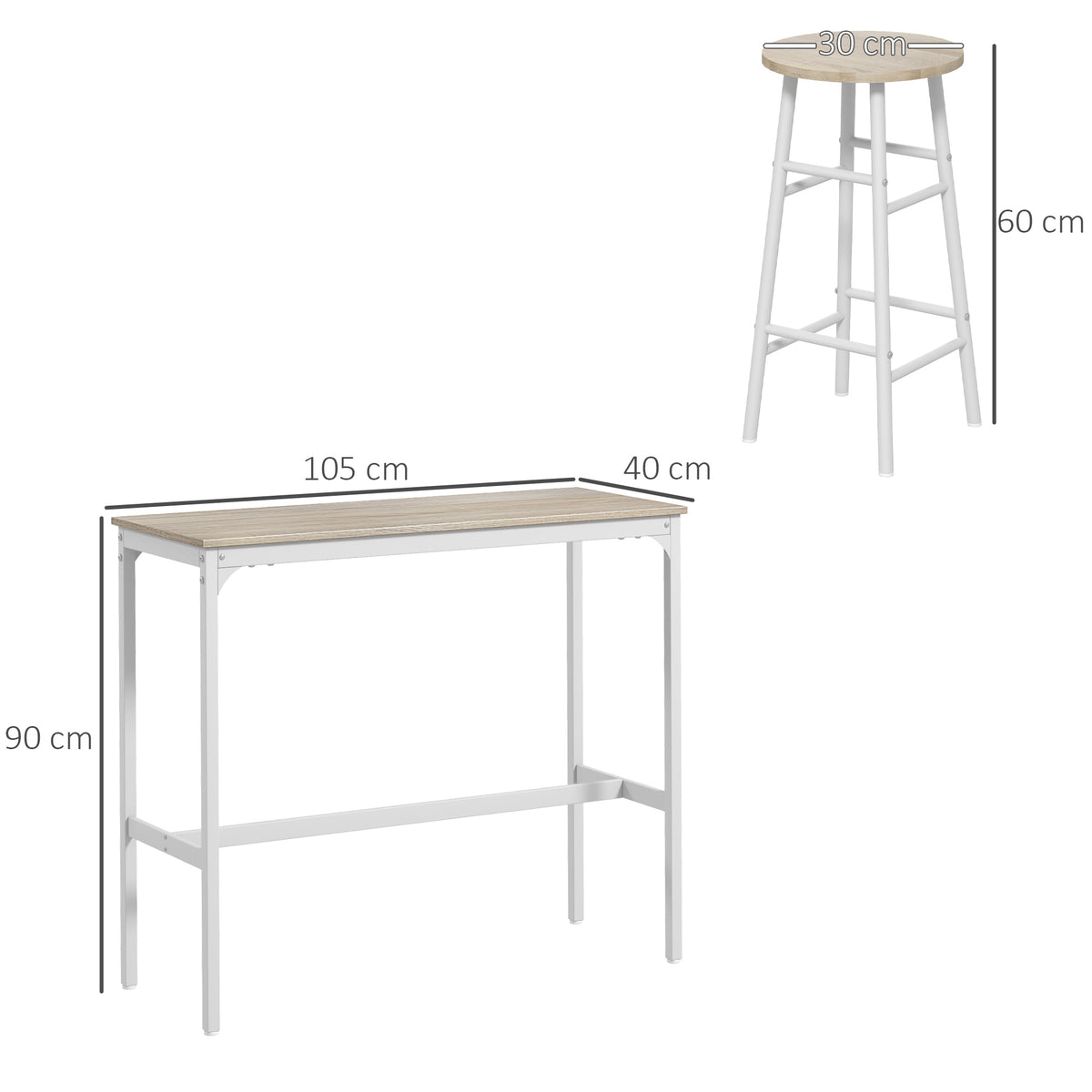 Conjunto de Mesa Alta de Bar com 2 Bancos Mesa Alta de Cozinha com Bancos Estrutura em Aço Mesa Alta Estilo Industrial para Sala de Jantar Natural e Branco — foto 3