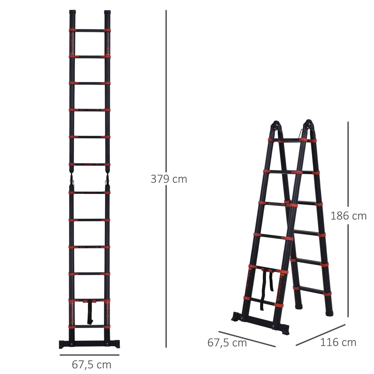 Escada telescópica multifuncional de alumínio de 3,8M 2 formas Estrutura de escalada portátil interna Externa Doméstica, preta — foto 3