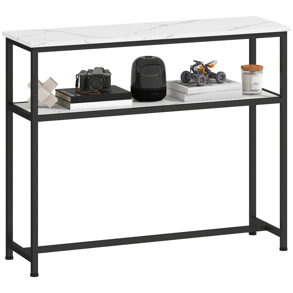 Mesa Consola Moderna Consola Estreita com Superfície com Efeito Mármore Prateleira Aberta e Estrutura de Metal Consola de Sofá para Entrada Sala de Estar 100x30x81 cm Branco — foto 1