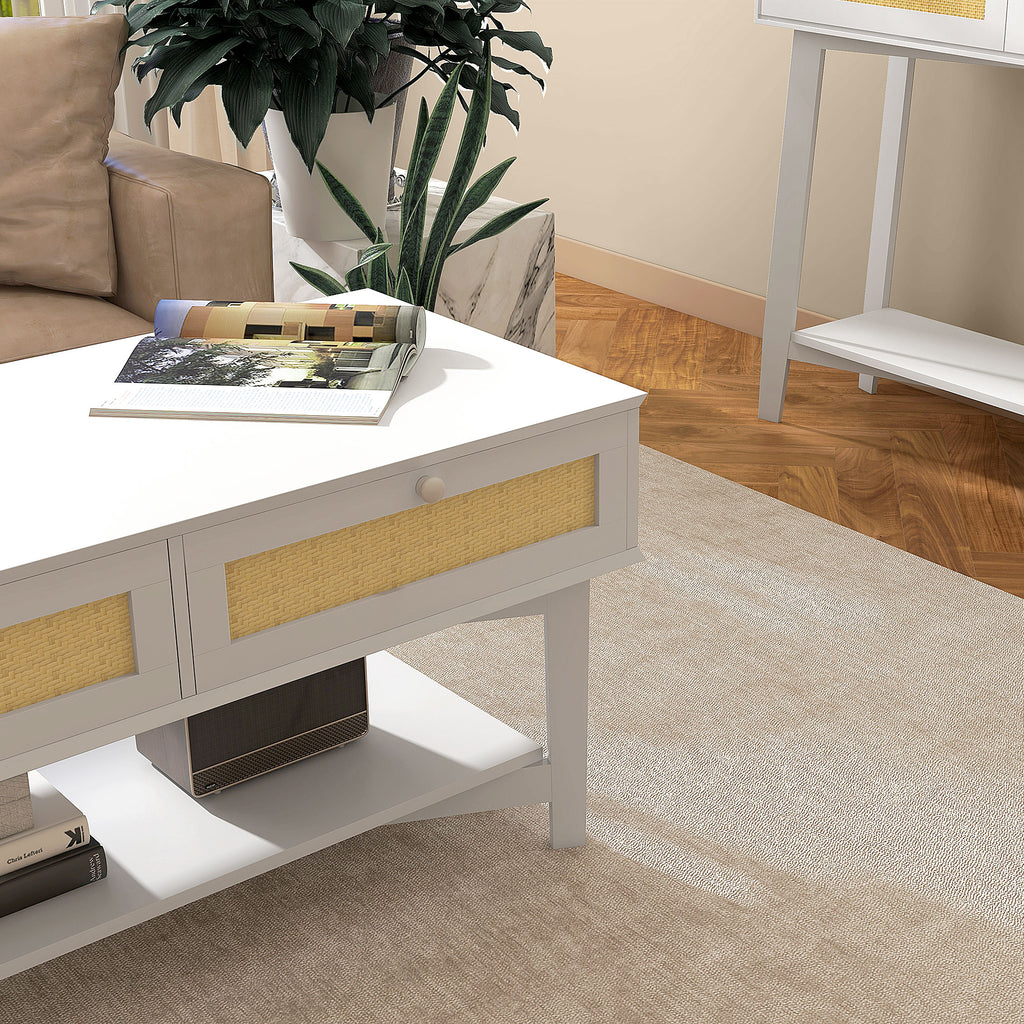 Mesa de Centro com 2 Gavetas Decorativas de Vime e Prateleira de Armazenamento Inferior para Sala de Estar Escritório Carga 50 kg 100x50x50 cm Branco — foto 7