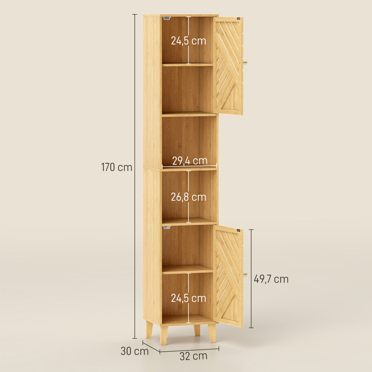 Coluna de Casa de Banho Estreita Armário de Casa de Banho Alto com Portas e Pés de Bambu Prateleiras Ajustáveis Compartimento Aberto 32x30x170 cm Madeira — foto 3