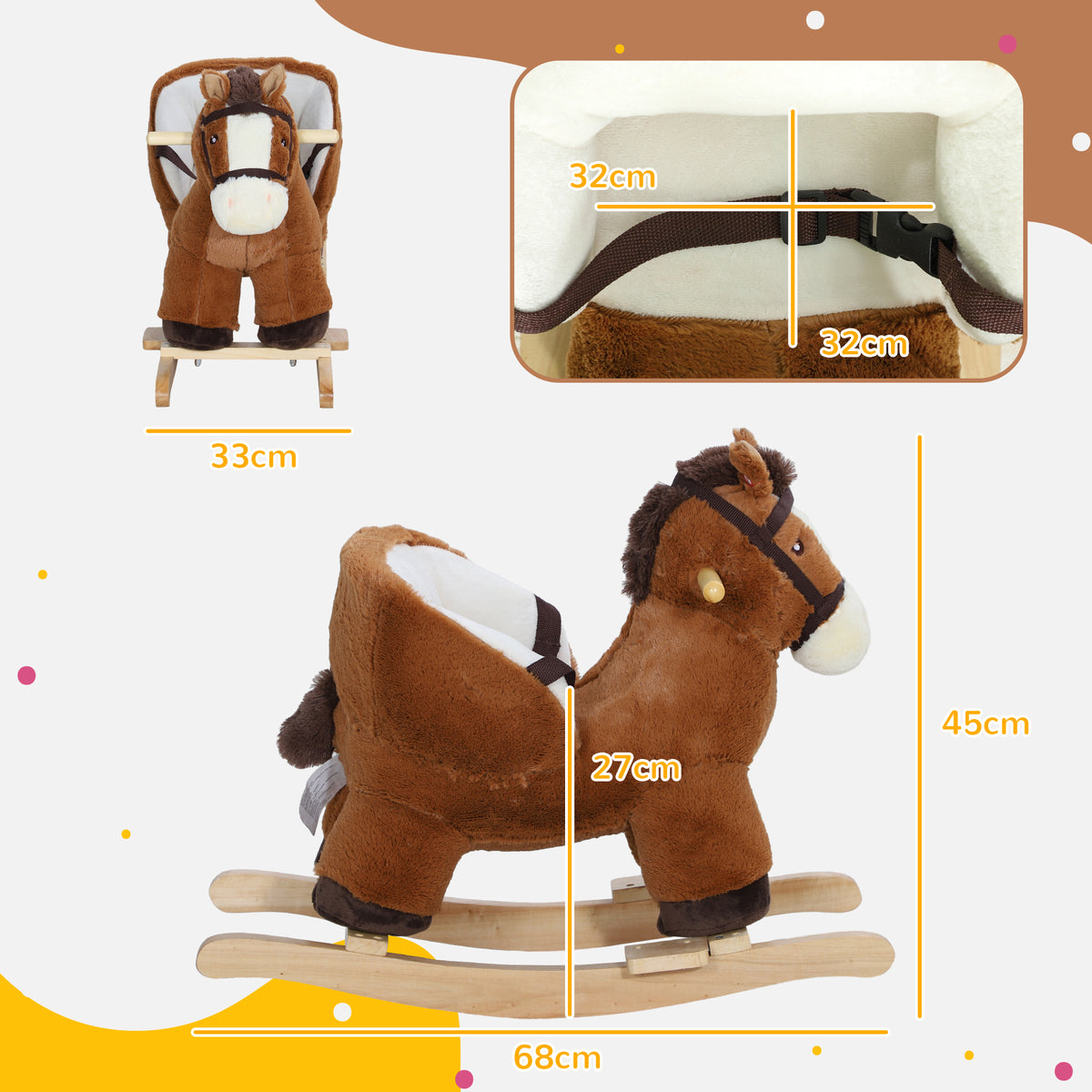 Cavalo Baloiço para Crianças de 18-36 Meses Cavalo Baloiço de Brincar com Sons Cinto de Segurança e Base de Madeira Carga 25 kg 68x33x45 cm Marrom — foto 3