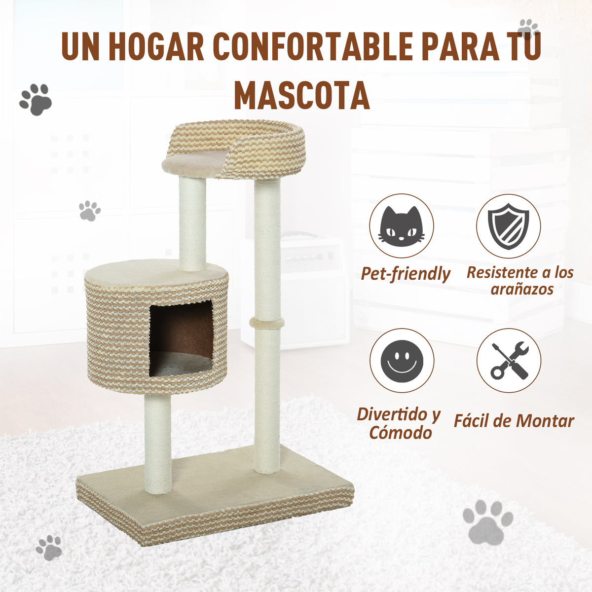 Árvore para gatos com Caverna de Pelúcia Postes de juta Plataforma confortável 61x41x96 cm Bege e Café — foto 4