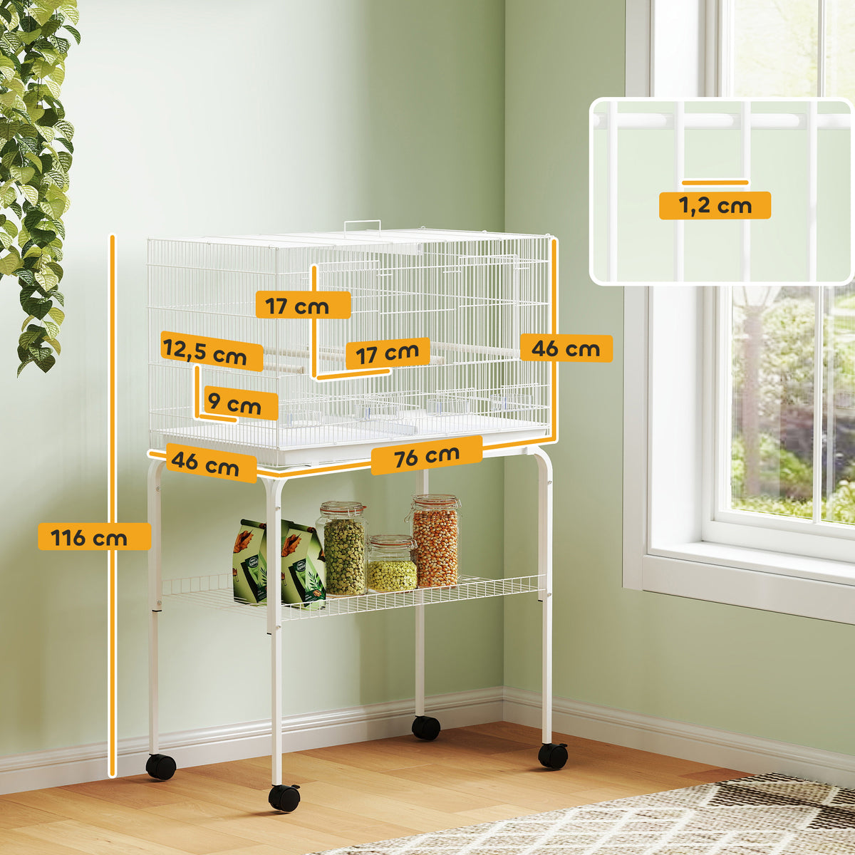 Gaiola para Pássaros com Divisória Gaiola com Rodas para Aves Papagaios Canários Gaiola para Aves com Comedouros Poleiros e Bandeja Removível, 76x46x116 cm Branco — foto 3
