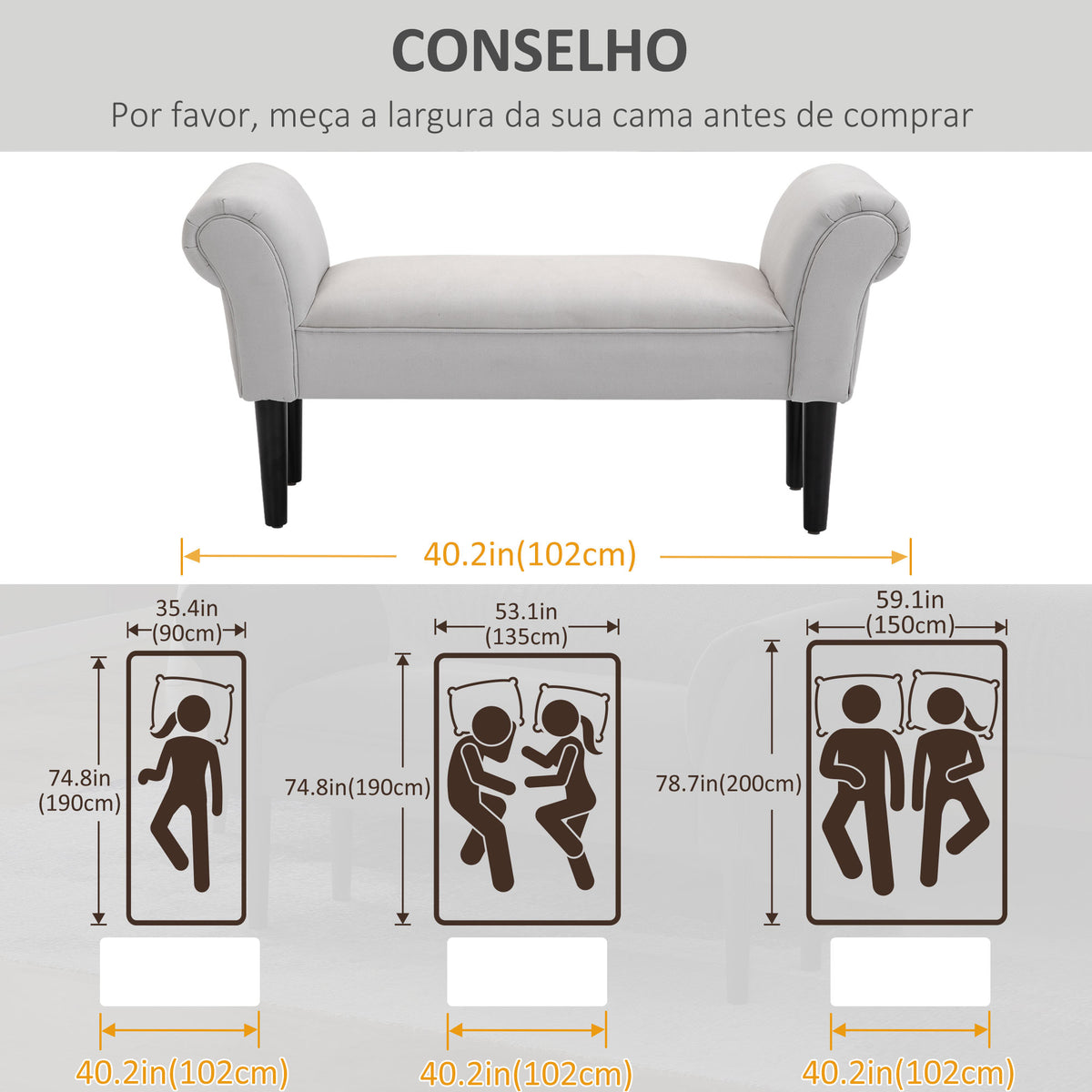 Banco de Pé de Cama Banco com Braços Curvados Estofado e Pés de Madeira para Dormitório Entrada Sala de Estar Carga Máxima 130kg 102x31x51cm Cinza — foto 4