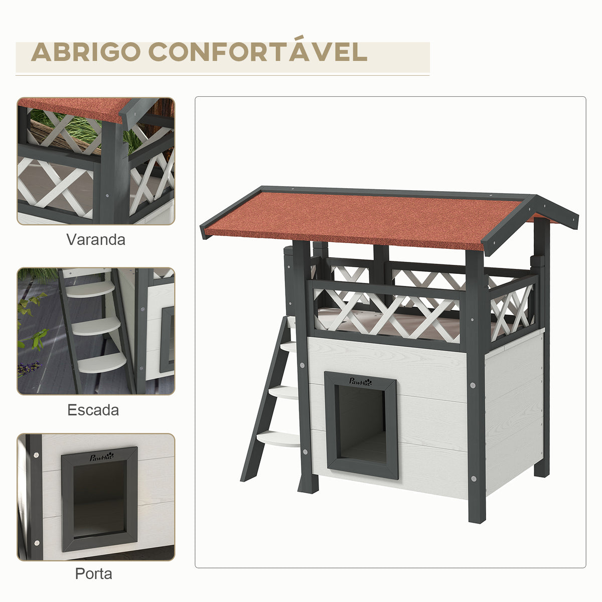 Casa para Gatos de Madeira 77x50x73cm Casa para Gatos com 2 Níveis com Teto Asfáltico Terraço Cercado Caverna e Escada para Interior e Exterior Branco — foto 4