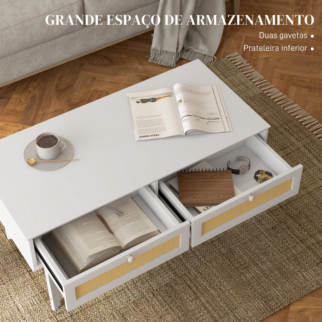 Mesa de Centro com 2 Gavetas Decorativas de Vime e Prateleira de Armazenamento Inferior para Sala de Estar Escritório Carga 50 kg 100x50x50 cm Branco — foto 5