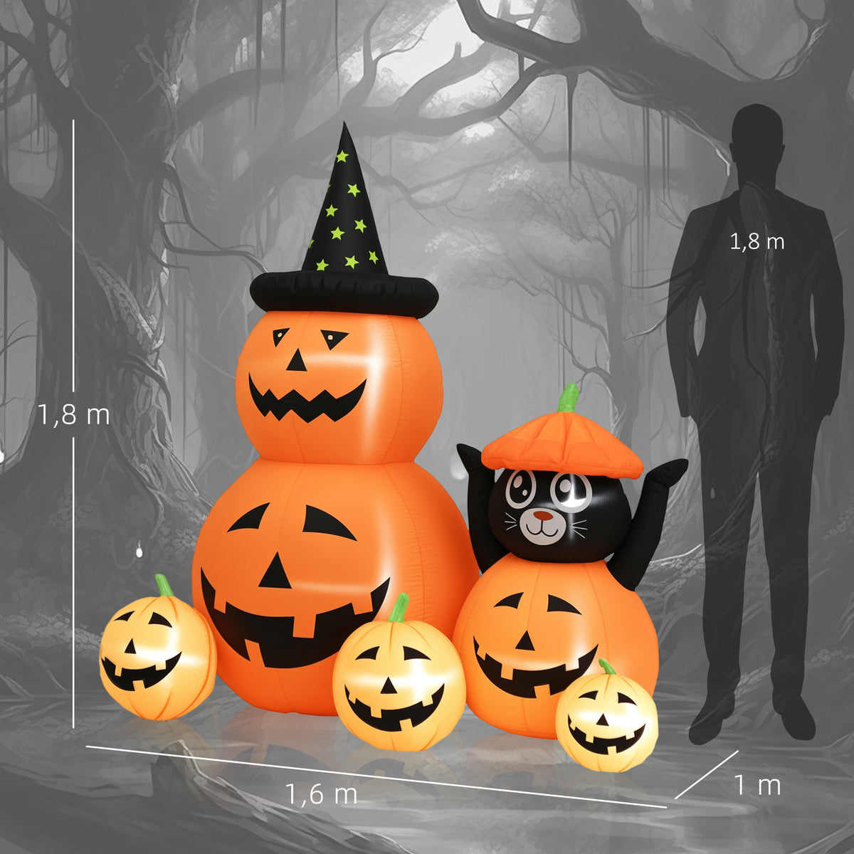 Abóbora Insuflável de Halloween com Gato de 180 cm Decoração de Halloween com Luzes LED IP44 e Inflador para Jardim Festas Exterior 160x100x180 cm Laranja — foto 3