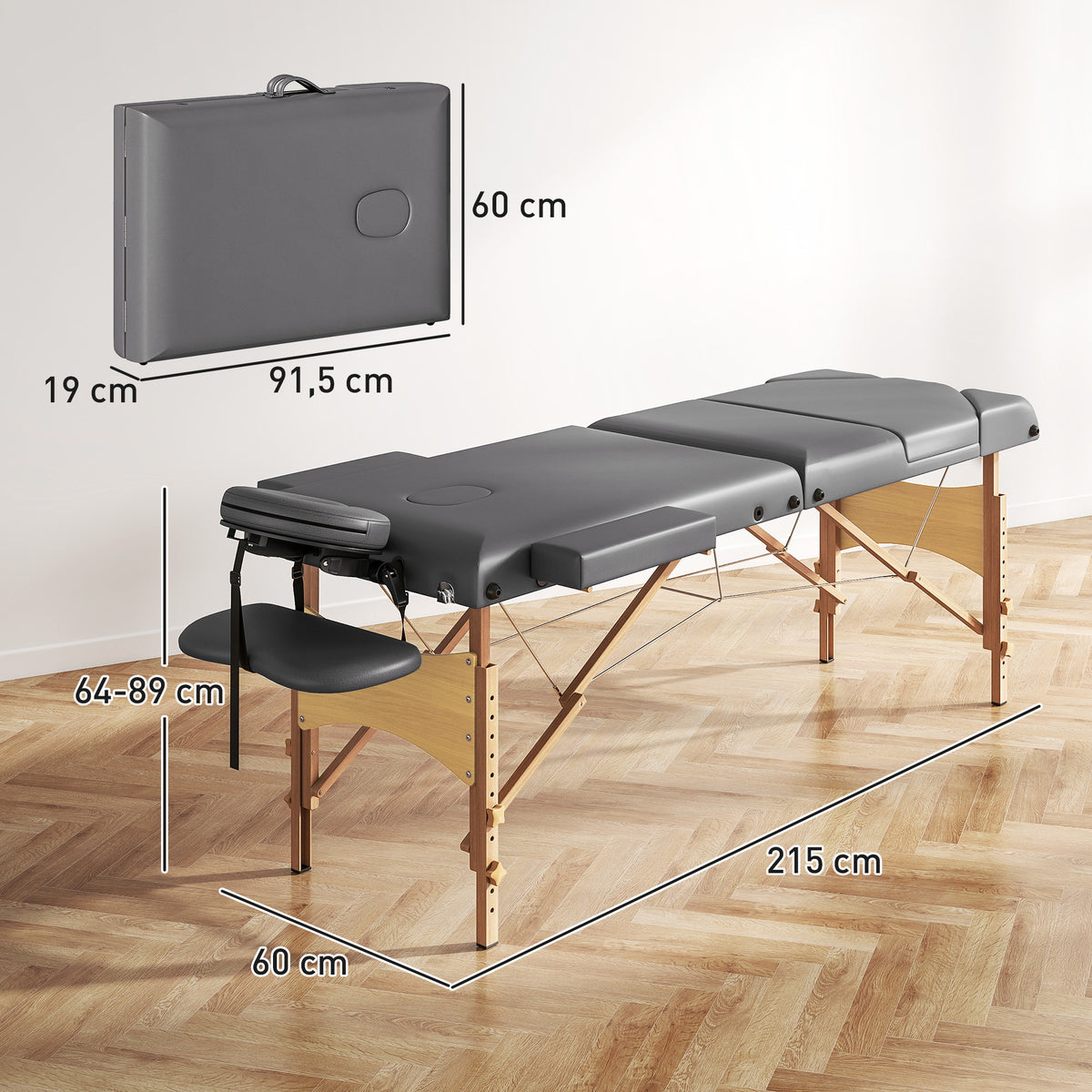 Marquesa de Massagem Dobrável Portátil Marquesa Estética Profissional em Madeira de 3 Zonas com Altura Ajustável Apoio de Cabeça Apoios de Braço Acolchoados 215x60x64-89 cm Cinza — foto 3