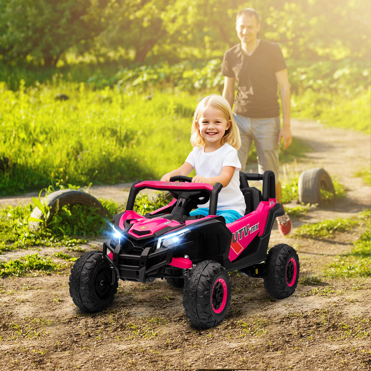 Carro Elétrico para Crianças 12V UTV com 2 Motores Controlo Remoto 2,4G Velocidade até 7 km/h Sistema de Suspensão Faróis USB para Crianças acima de 3 Anos 96x61x56 cm Rosa — foto 2