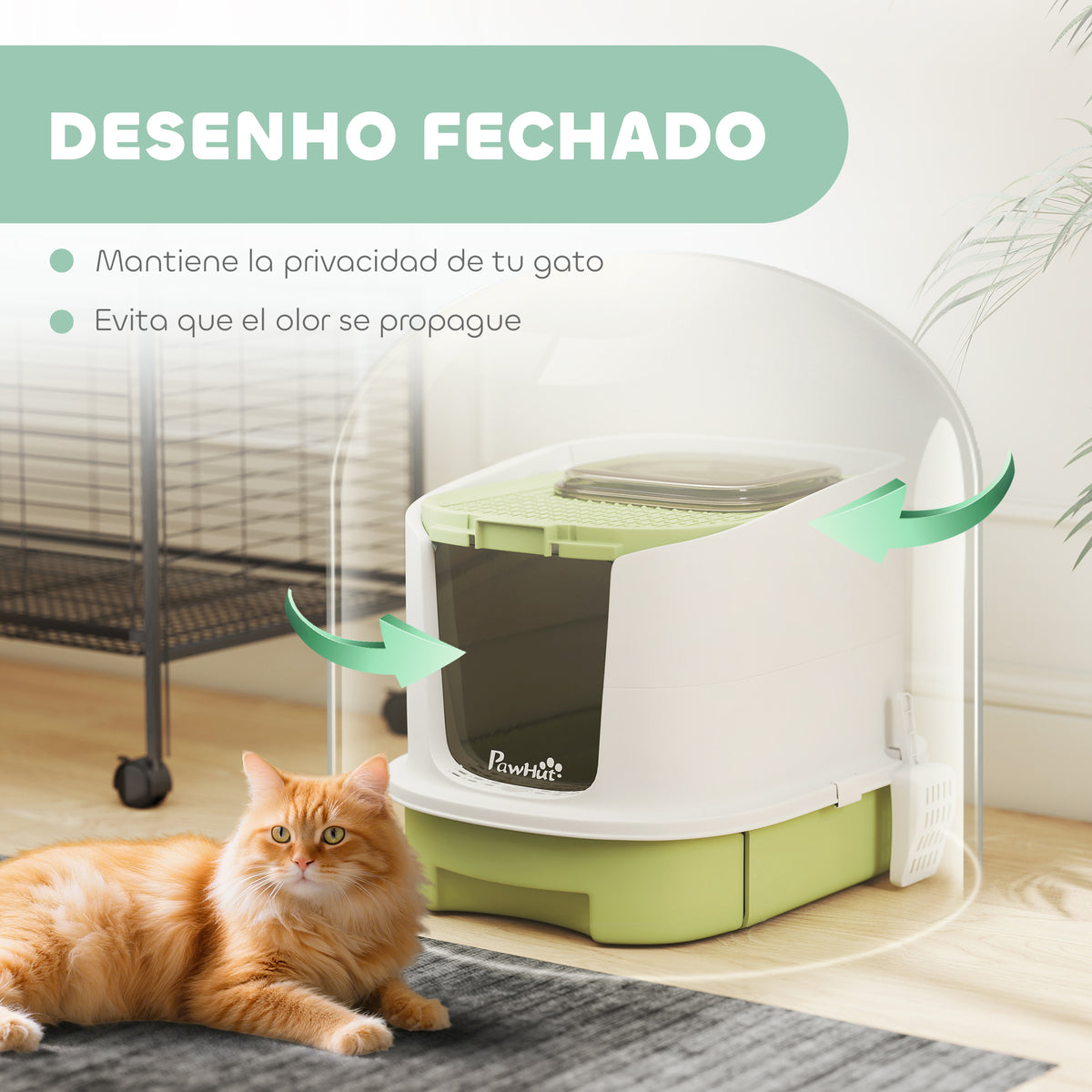 Caixa de Areia para Gatos Fechada Caixa de Areia para Gatos com Entrada Frontal Saída Superior Tampa Amovível Bandeja e Pá 40,5x52,5x42,5 cm Verde — foto 4