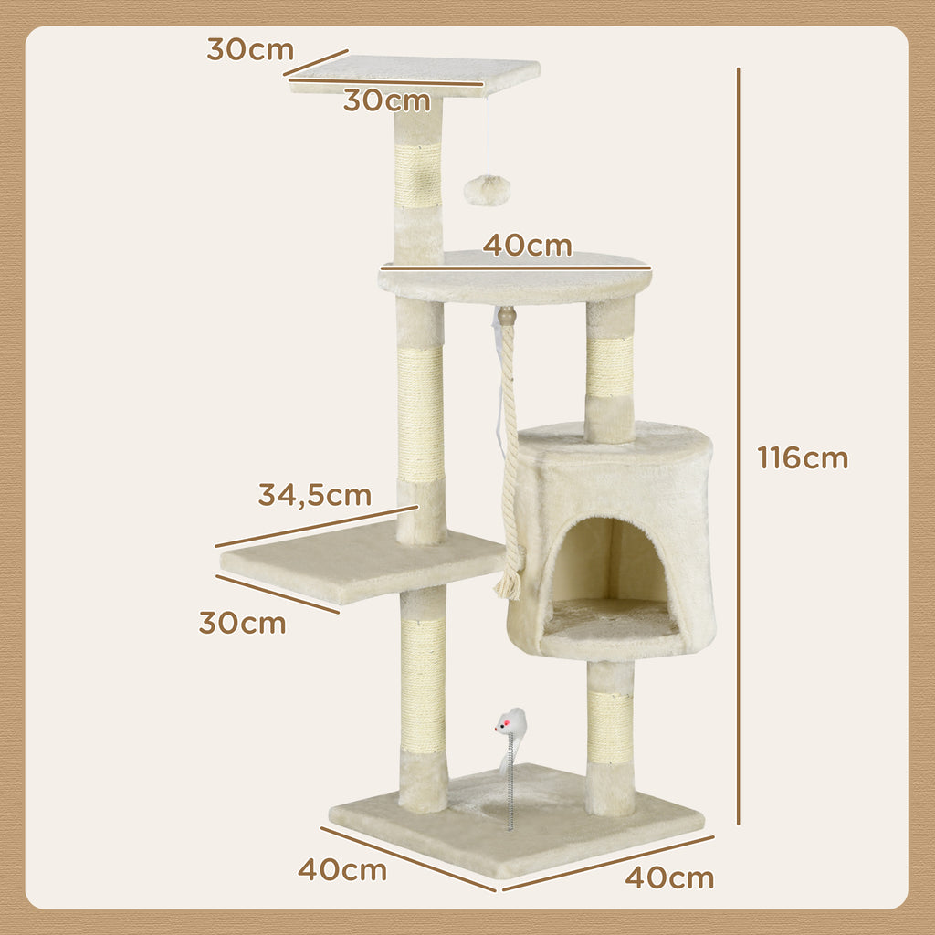 Árvore Arranhador para Gatos 112 cm com 4 Níveis Poste de Sisal Caverna Espaçosa Múltiplas Plataformas e Brinquedos Divertidos 75x40x112 cm Bege — foto 3