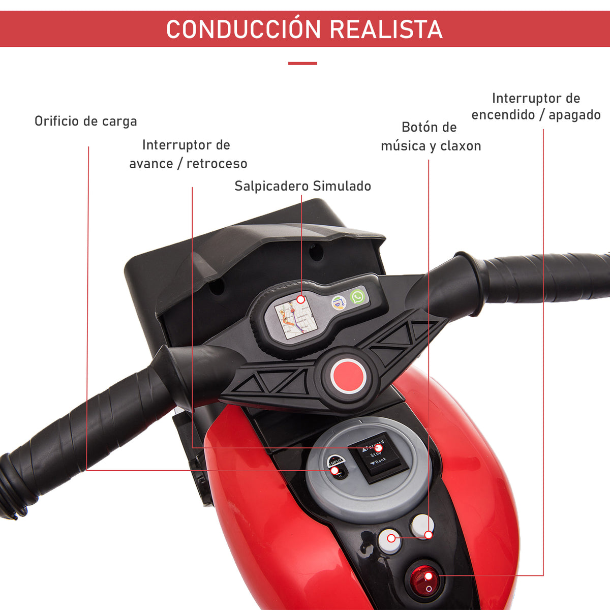 Motocicleta Elétrica Infantil com 3 Rodas para Crianças acima de 3 anos Triciclo com Pedal para Crianças Bateria 6V com Luzes Música Pneus Largos 86x42x52cm Vermelho — foto 5