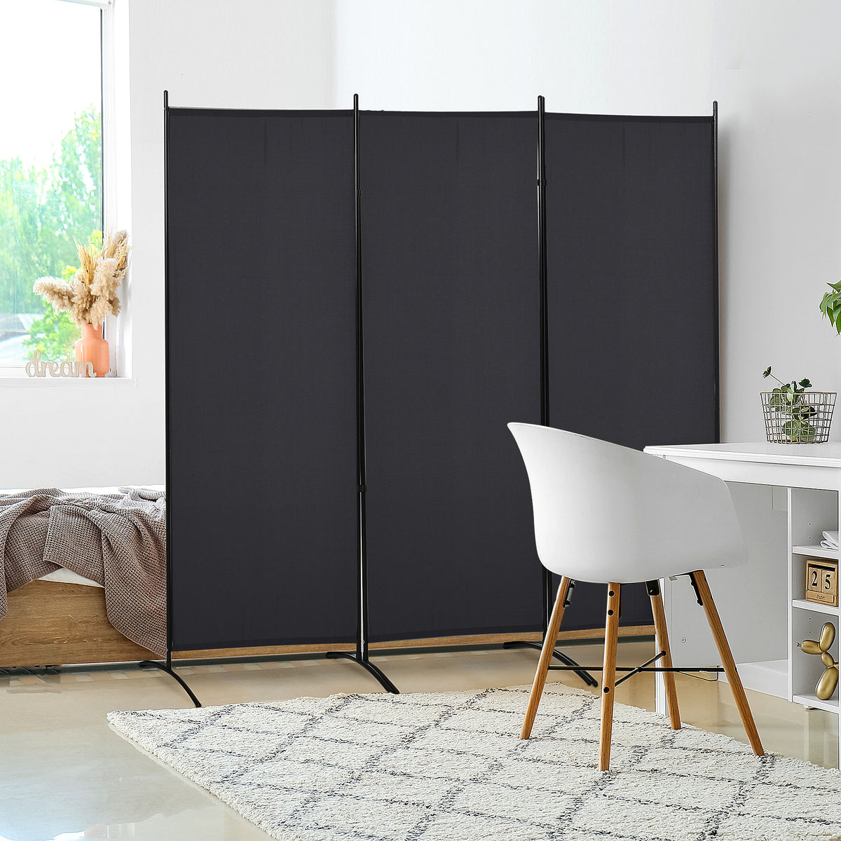 Biombo de 3 Paineis Separador de Ambientes Dobrável 253x50x182 cm Divisor de Ambientes Biombo de Privacidade com 6 Pés de Metal para Escritório Dormitório Preto — foto 2