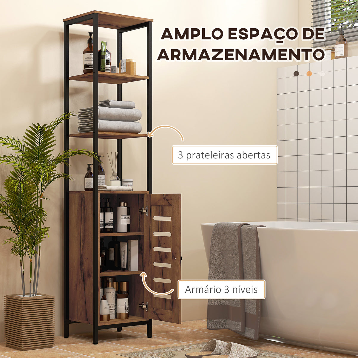 Coluna Casa de Banho Armário Alto Casa de Banho Estreito com Porta de Ripas Prateleiras Ajustáveis Compartimentos Abertos Estrutura de Aço 37x30x167 cm Castanho Rústico — foto 4