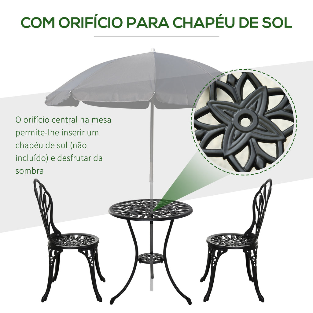 Conjunto de Mesa e Cadeiras de Exterior de 3 Peças Móveis de Jardim de Alumínio com Encosto com Padrão de Tulipa e Mesa com Orifício para Chapéu de Sol Preto — foto 6