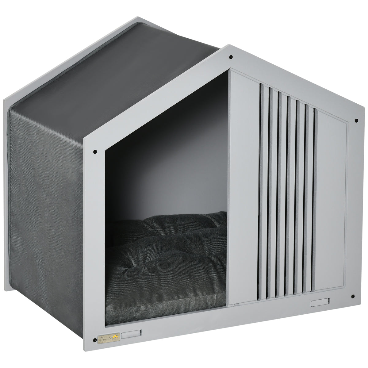 Casa de Madeira para Cães Pequenos Casa para Animais de Estimação Interior com Almofada Acolchoada Grossa Cobertura de Tecido Oxford Removível e Ventilações 60x43x55 Cinza — foto 1