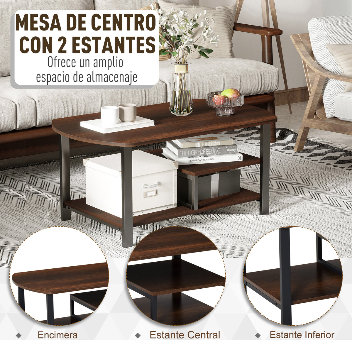 Mesa de Centro com 2 Prateleiras Mesa de Café Estilo Vintage para Sala de Estar Dormitório 100x60x46cm Castanho Rústico — foto 4