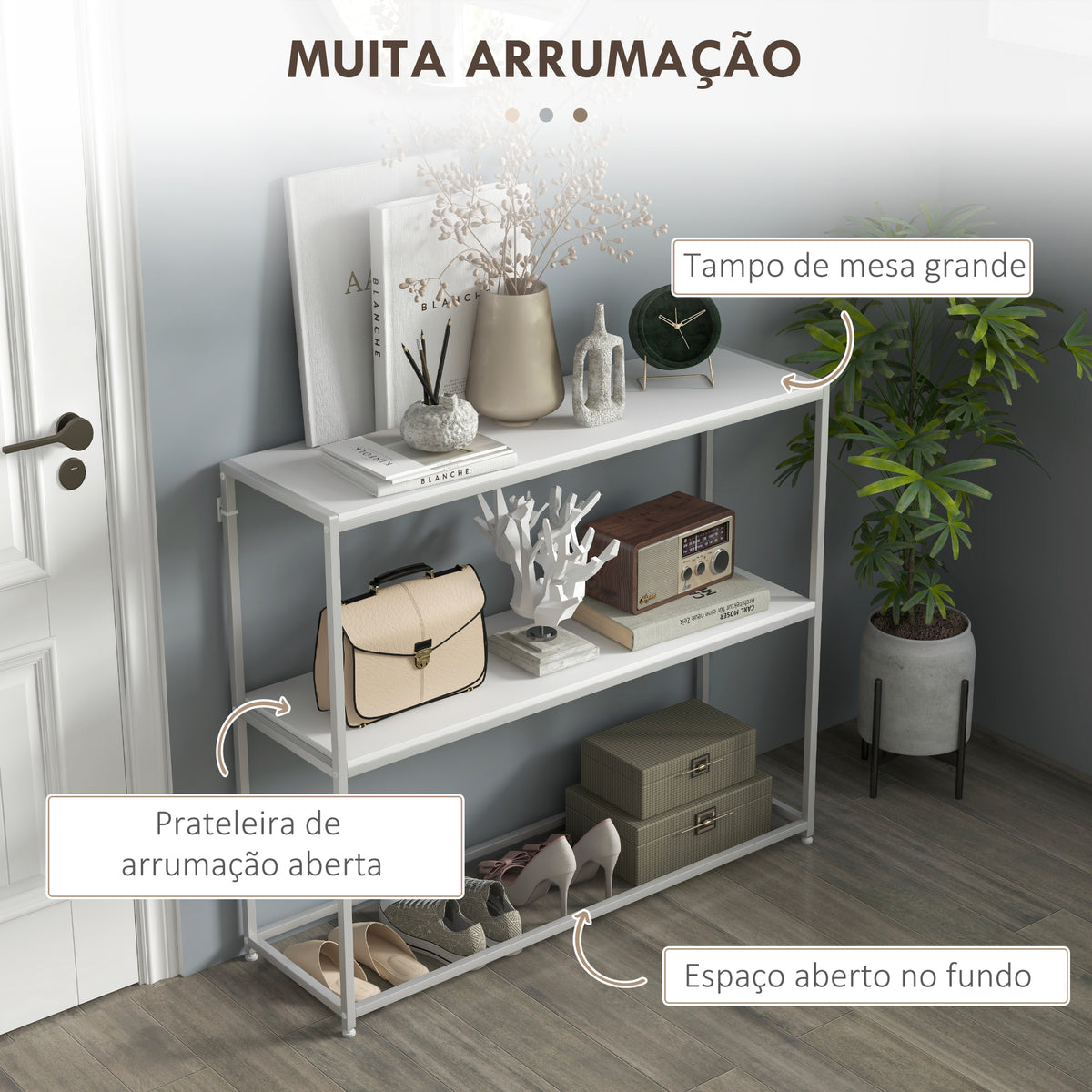 Mesa Consola de Entrada Mesa de Entrada com Estante Aberto e Estrutura de Aço Anti-tombo para Sala Corredor 100x30x87 cm Branco — foto 4