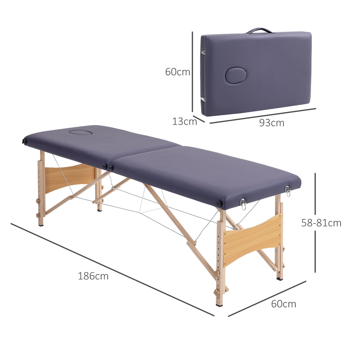 Marquesa de Massagem Dobrável Mesa de Massagem Portátil com Apoio de Cabeça Estrutura de Madeira Marquesa Fisioterapia com Altura Regulável e Bolsa de Transporte 186x60x61-87 cm Roxo — foto 3