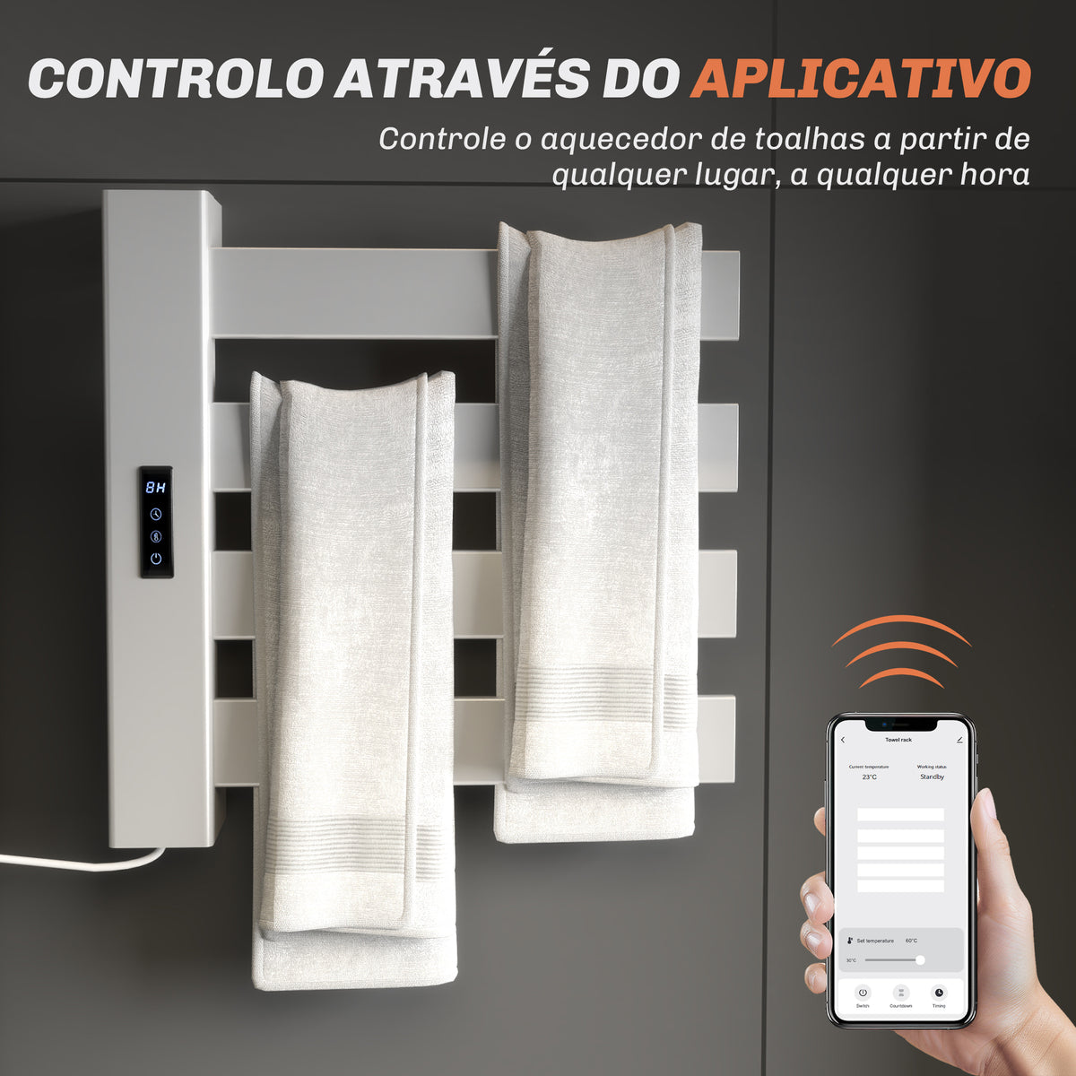Toalheiro Elétrico de Parede 130W Toalheiro Elétrico em Liga de Alumínio com Control WIFI Ecrã Tátil Temporizador 4 Barras Temperatura Ajustável Baixo Consumo IPX4 47,5x9,5x49 cm Branco — foto 4