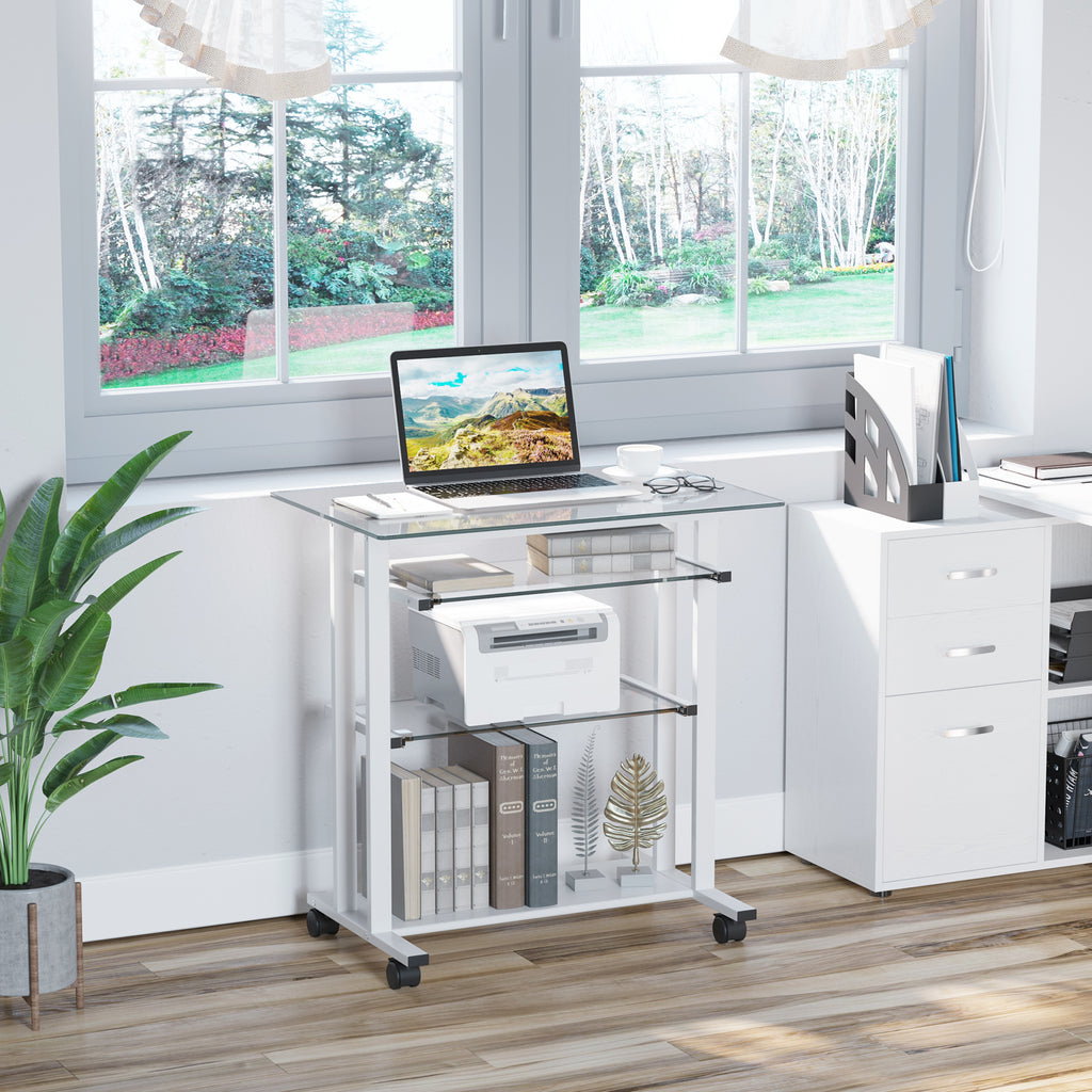 Secretária com Rodas Mesa para Computador com Bancada e Prateleiras de Cristal para Dormitório Escritório 80x51x83cm Branco — foto 2