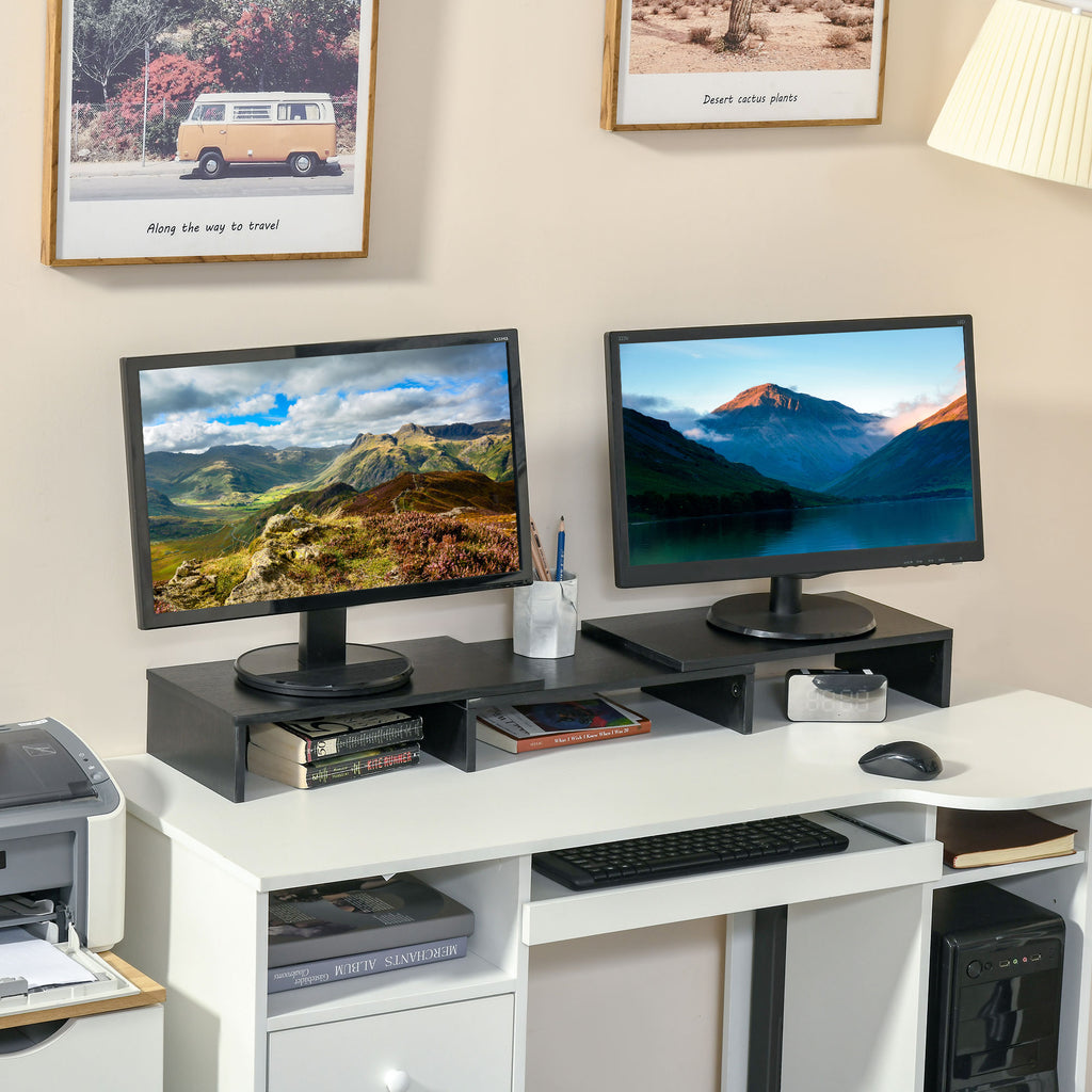 Suporte Elevado para Monitores de Madeira Ajustável em Comprimento e Ângulo para 2 Monitores Notebook 80-117x23,5x10cm Preto — foto 2