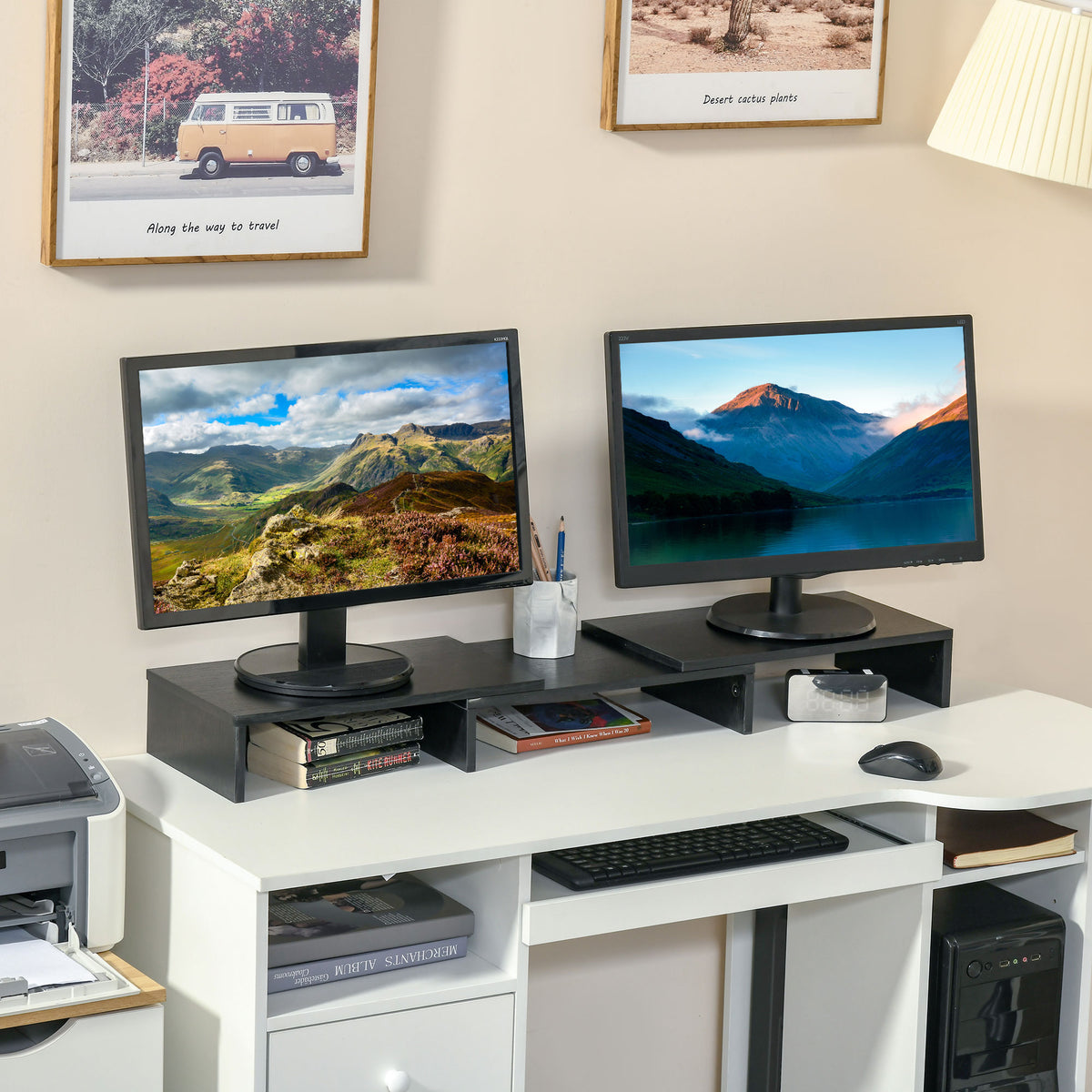 Suporte Elevado para Monitores de Madeira Ajustável em Comprimento e Ângulo para 2 Monitores Notebook 80-117x23,5x10cm Preto — foto 2