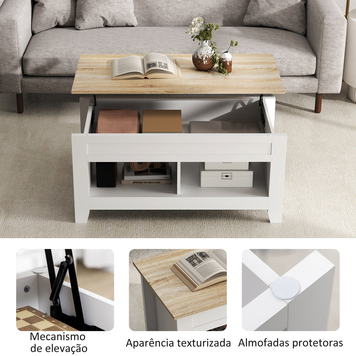 Mesa de Centro com Bancada Elevável Mesa de Centro com 2 Compartimentos Abertos Bancada de Madeira Mesa Retangular para Sala de Estar 105x50x49 cm Branco e Madeira — foto 6